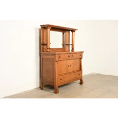 Antique American Empire Tiger Oak Sideboard With Mirrored Backsplash, Circa 1900