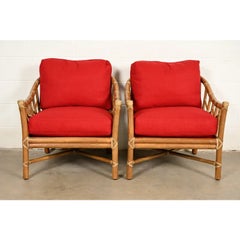 McGuire Mid-Century Hollywood Regency Bamboo Rattan Lounge Chairs, Pair
