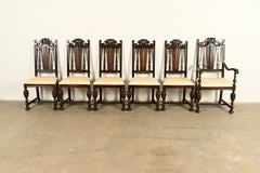 Berkey & Gay Antique English Jacobean Carved Walnut Dining Chairs, Set of Six