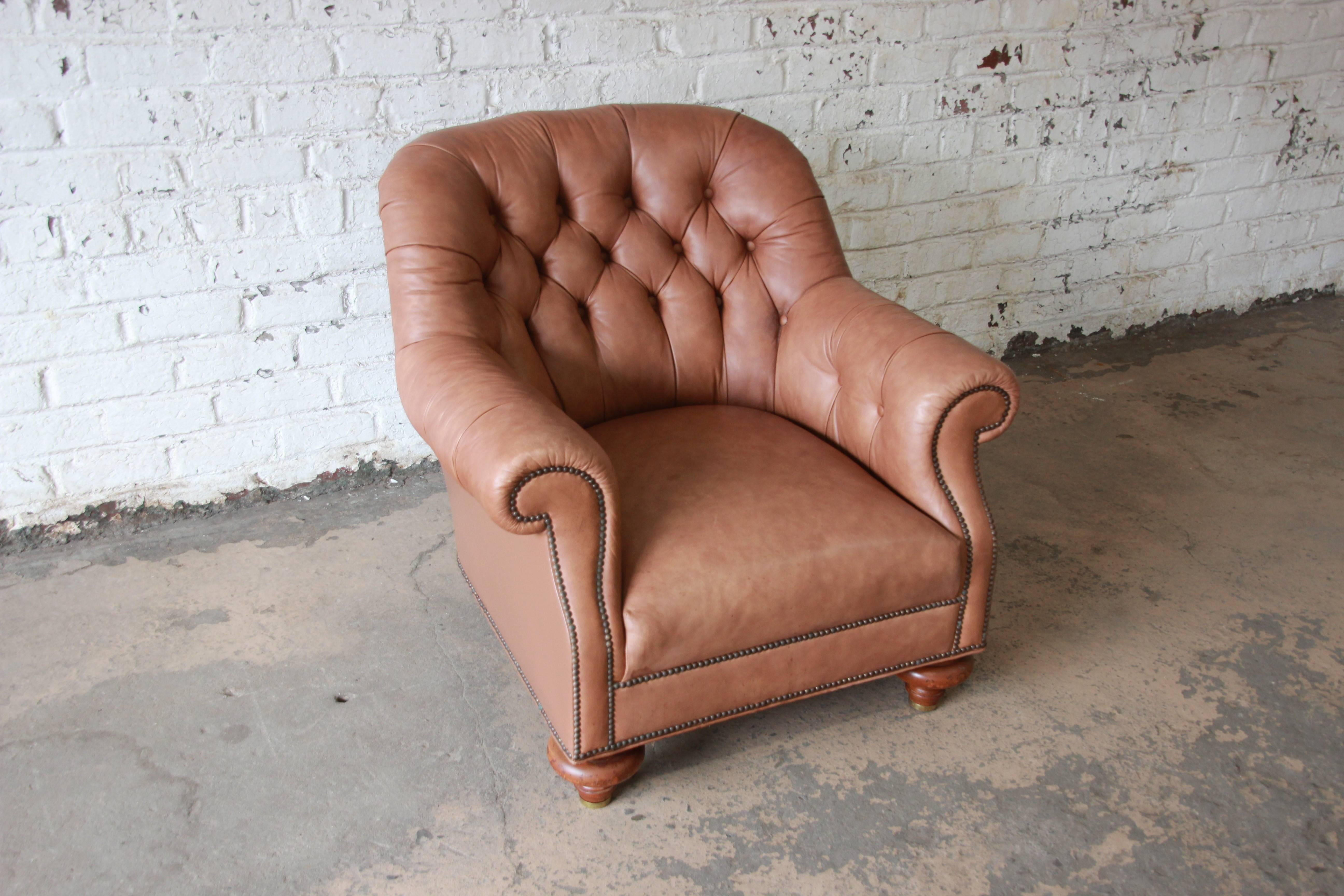 20th Century Baker Furniture Brown Leather Chesterfield Club Lounge Chair