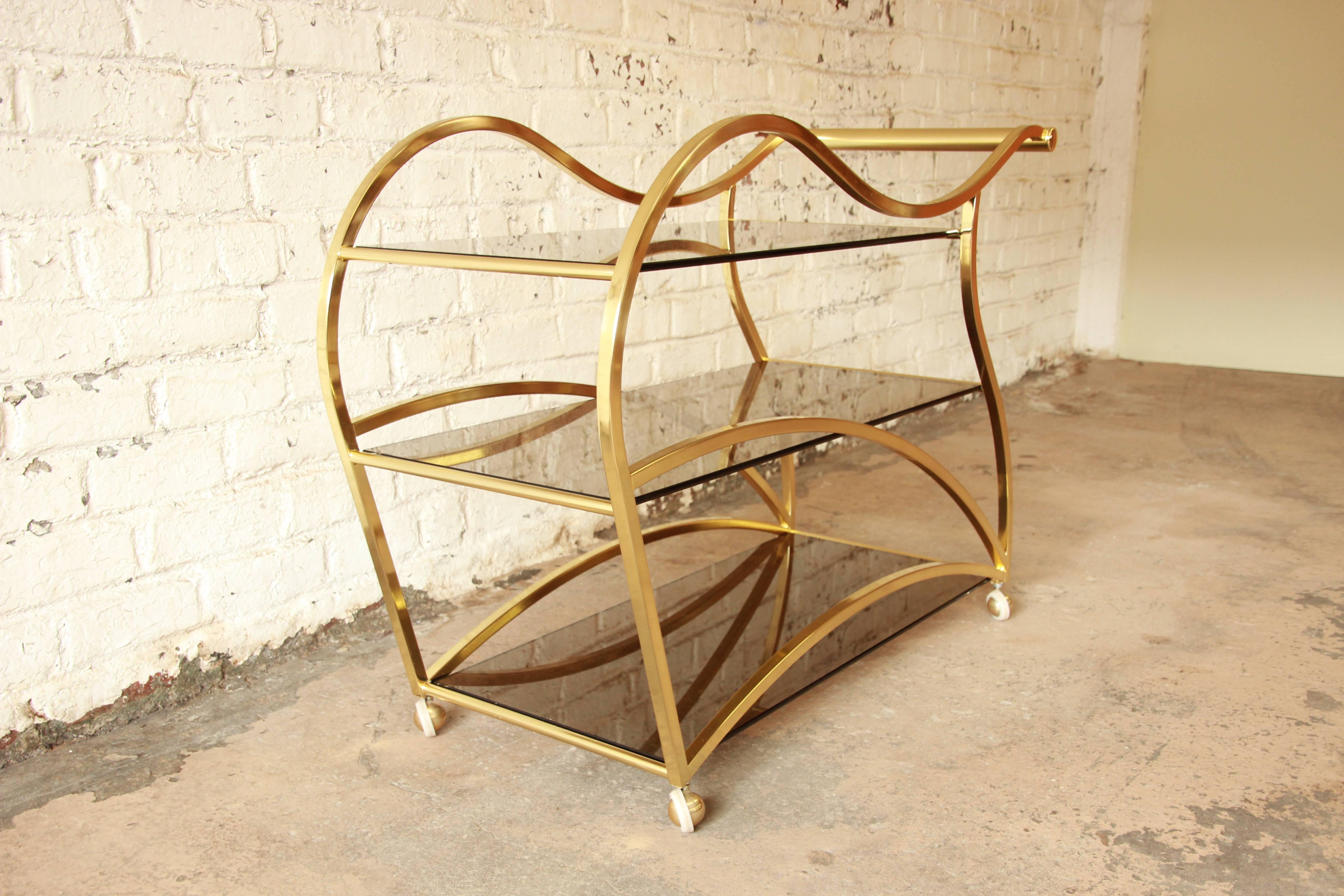 Milo Baughman Style Modern Brass and Glass Bar or Tea Cart by DIA In Good Condition In South Bend, IN