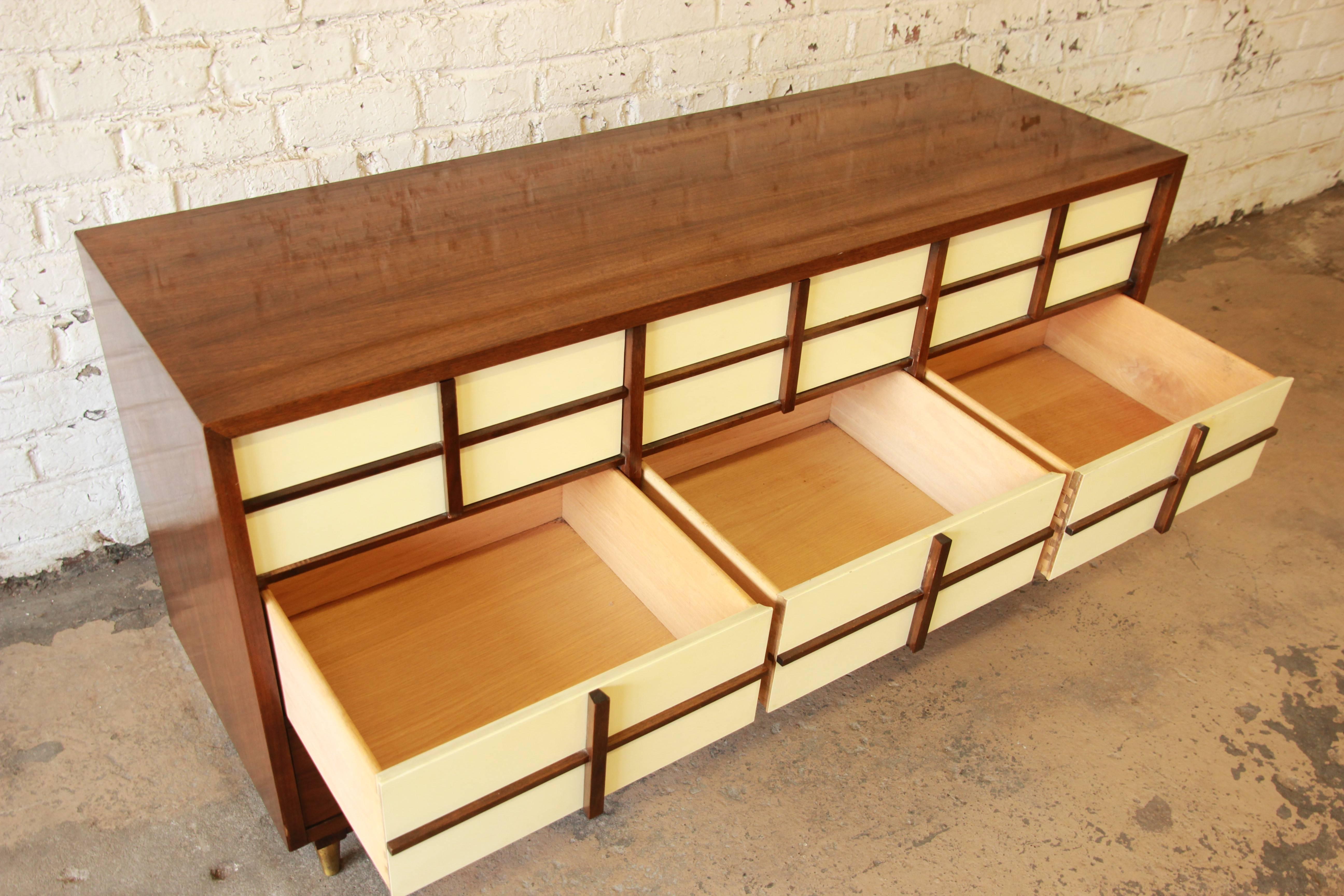 Brass Merton Gershun Mid-Century Modern Nine-Drawer Dresser or Credenza