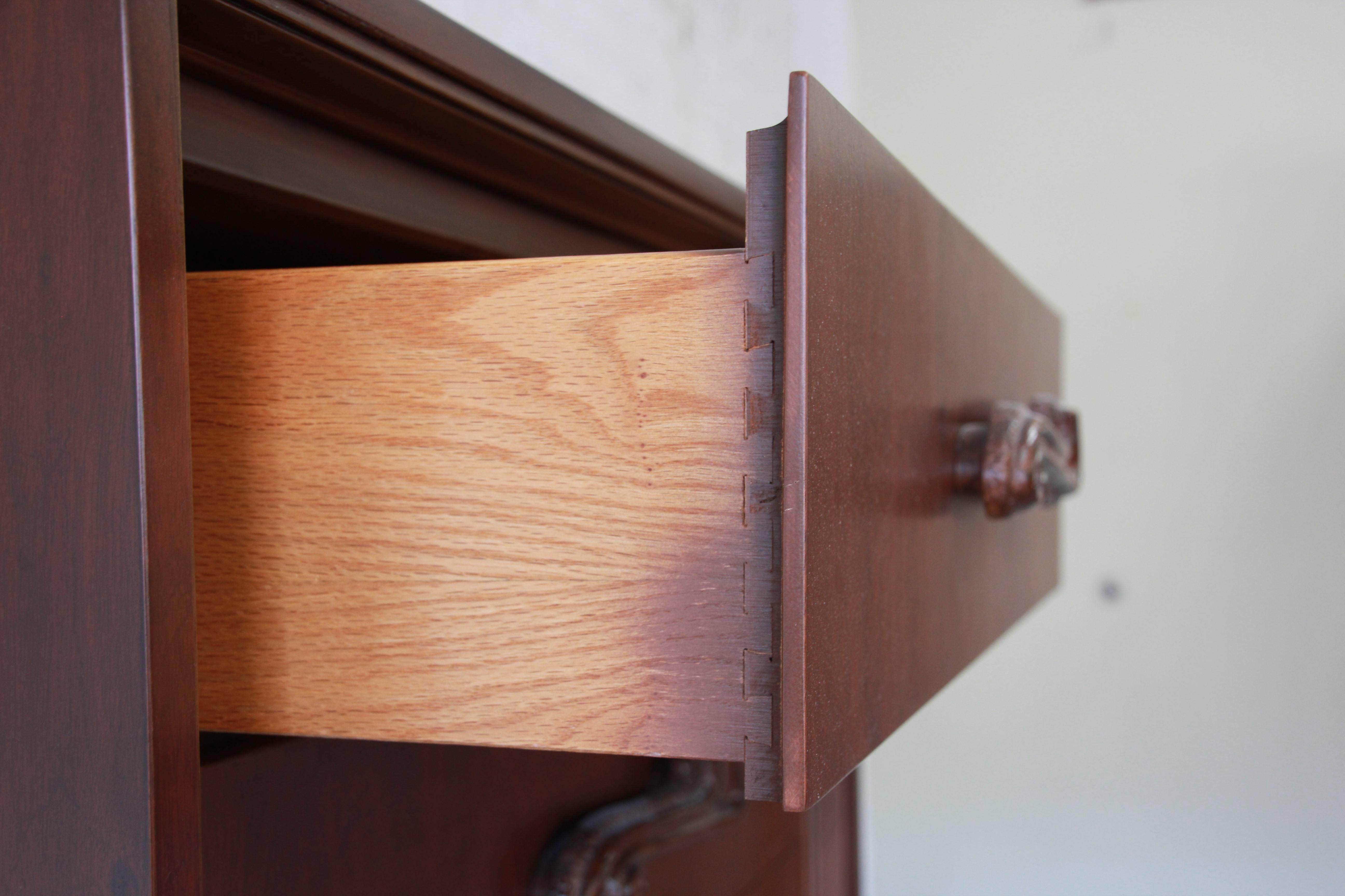 Mahogany Mid-Century Sculptural Tiki Highboy Dresser by Pulaski