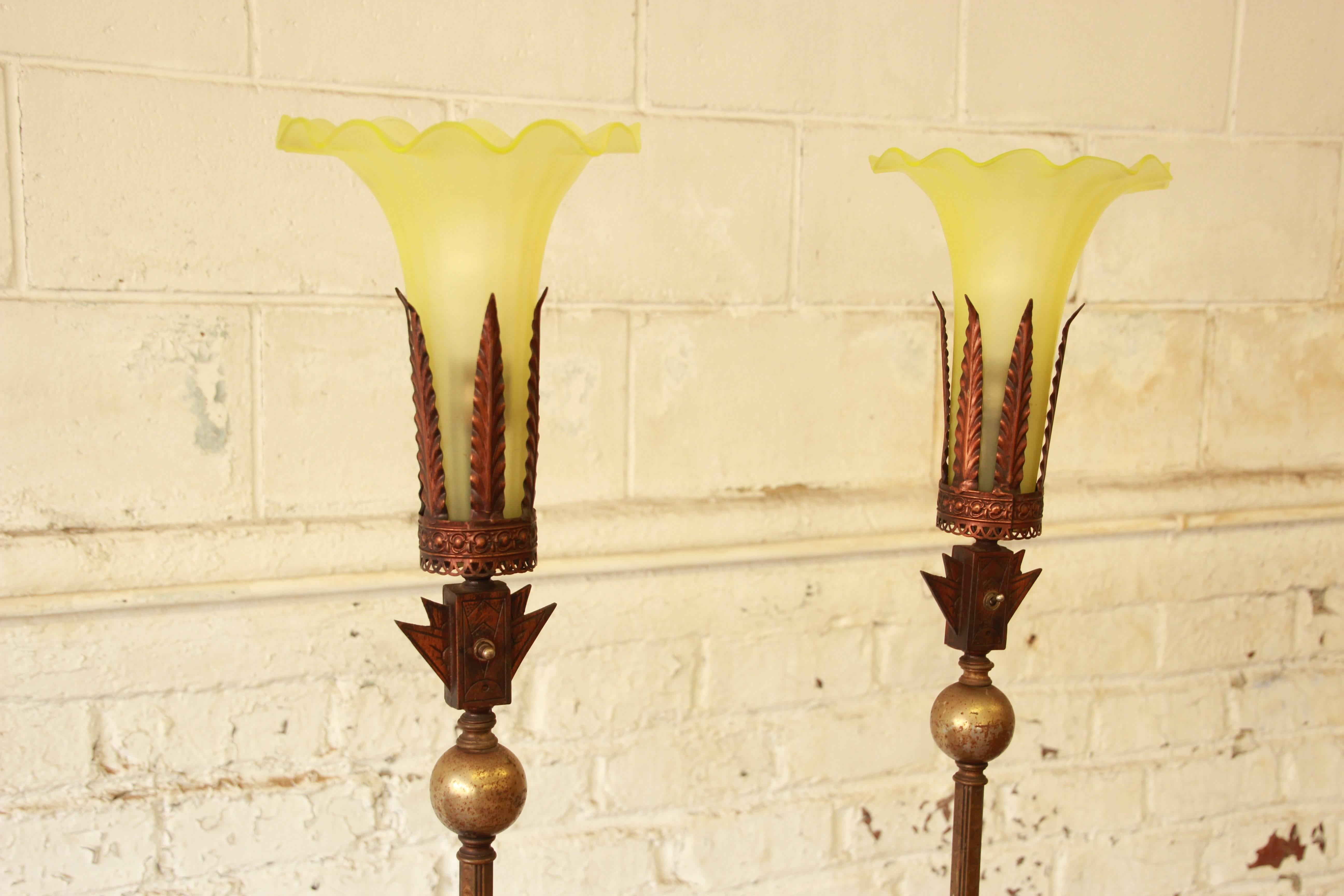 1930s French Art Deco Brass Torchiere Floor Lamps, Pair In Good Condition In South Bend, IN