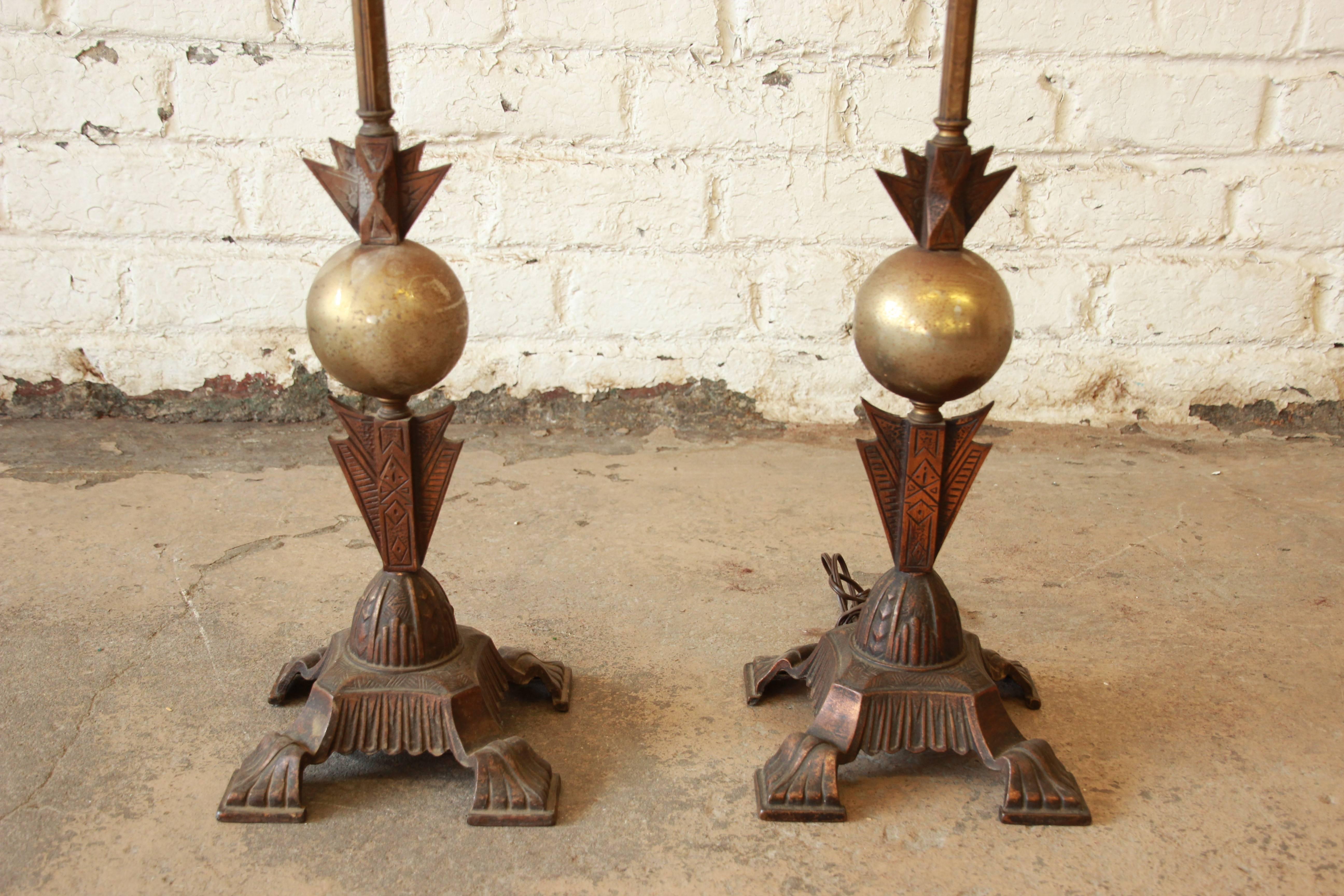 1930s French Art Deco Brass Torchiere Floor Lamps, Pair 2