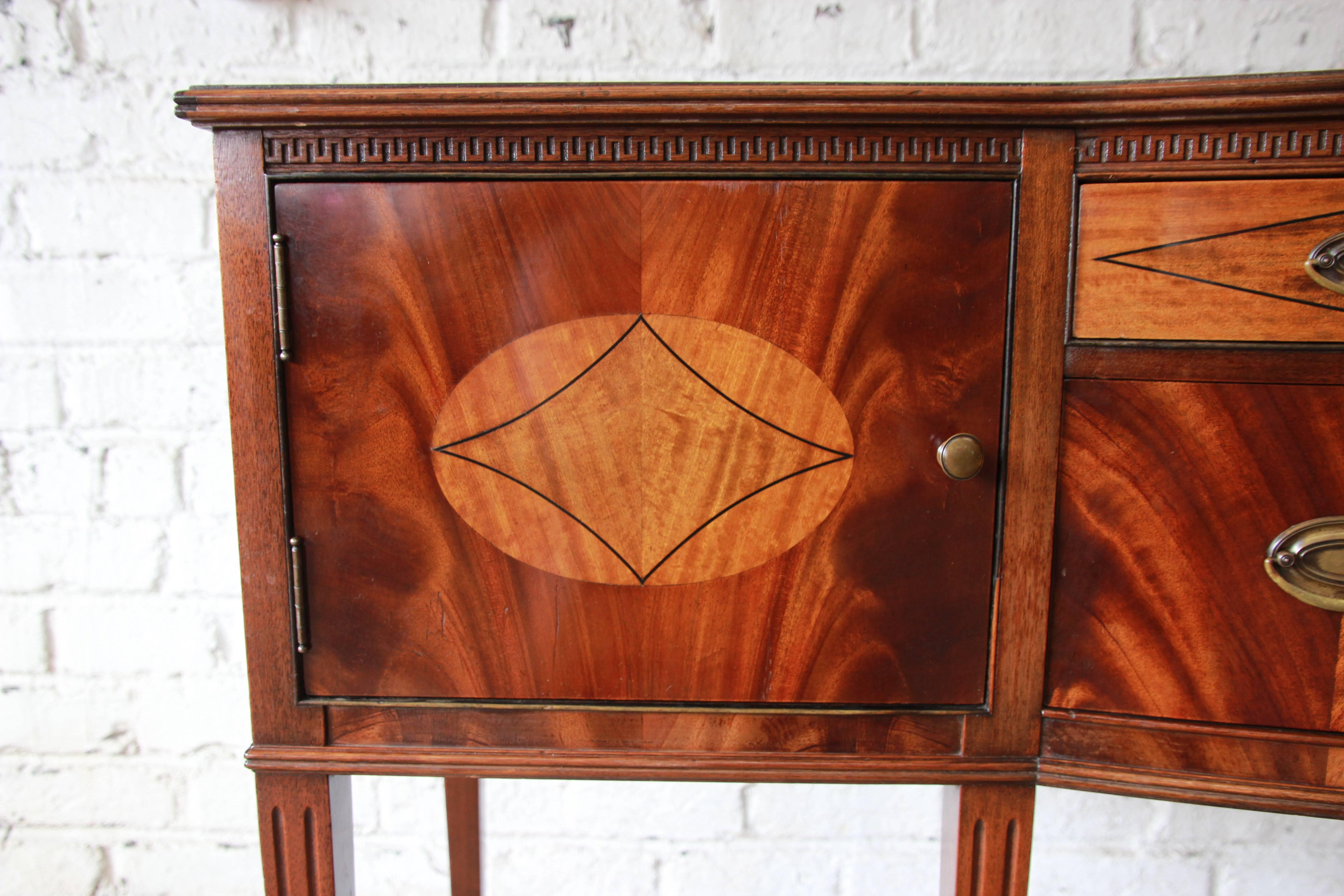 Brass Limbert Hepplewhite Style Inlaid Flame Mahogany Sideboard Buffet, circa 1930s