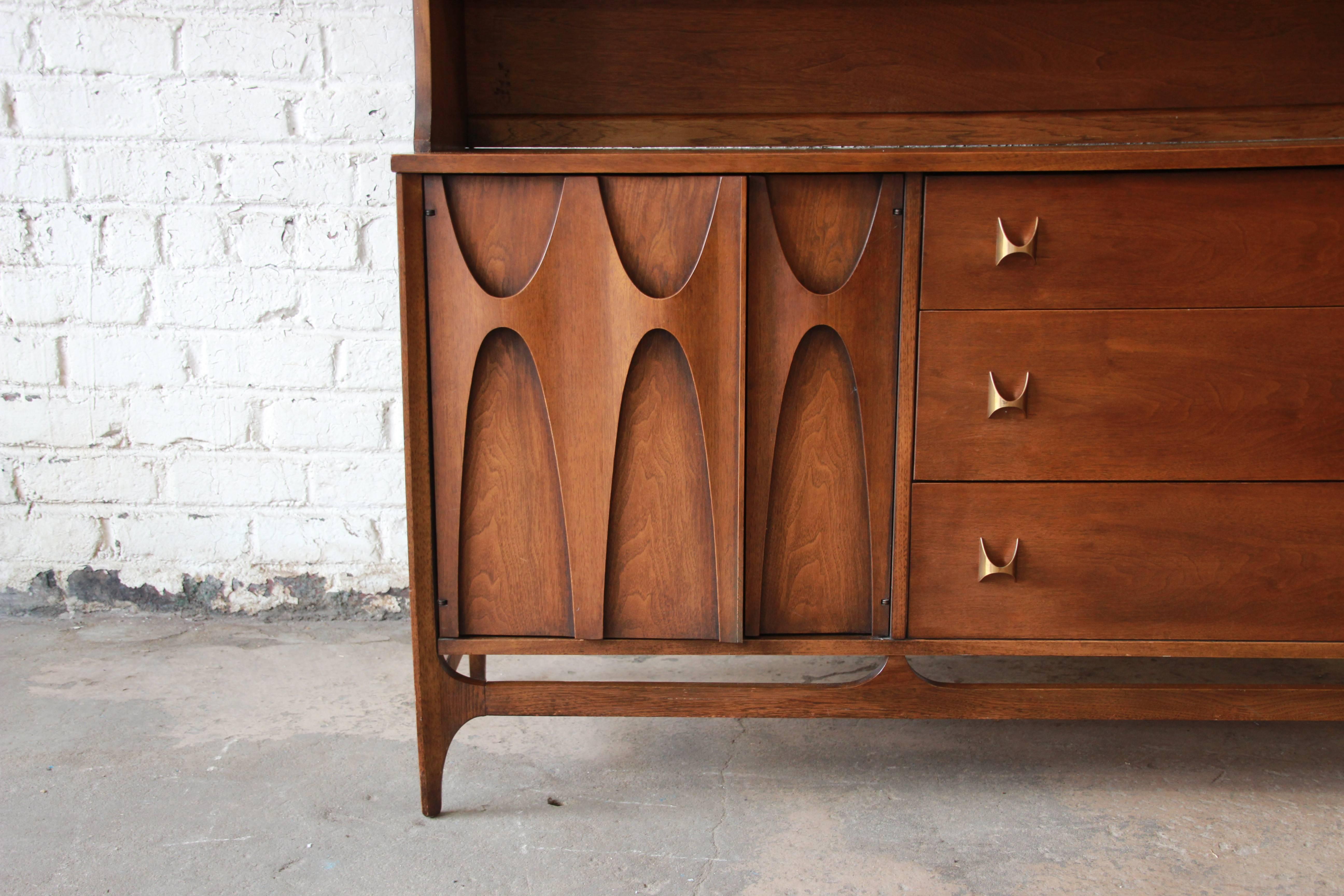 American Broyhill Brasilia Mid-Century Sculpted Walnut Sideboard with Hutch