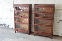 Antique Oak Barrister Bookcases with Leaded Glass Doors by Globe-Wernicke, Pair
