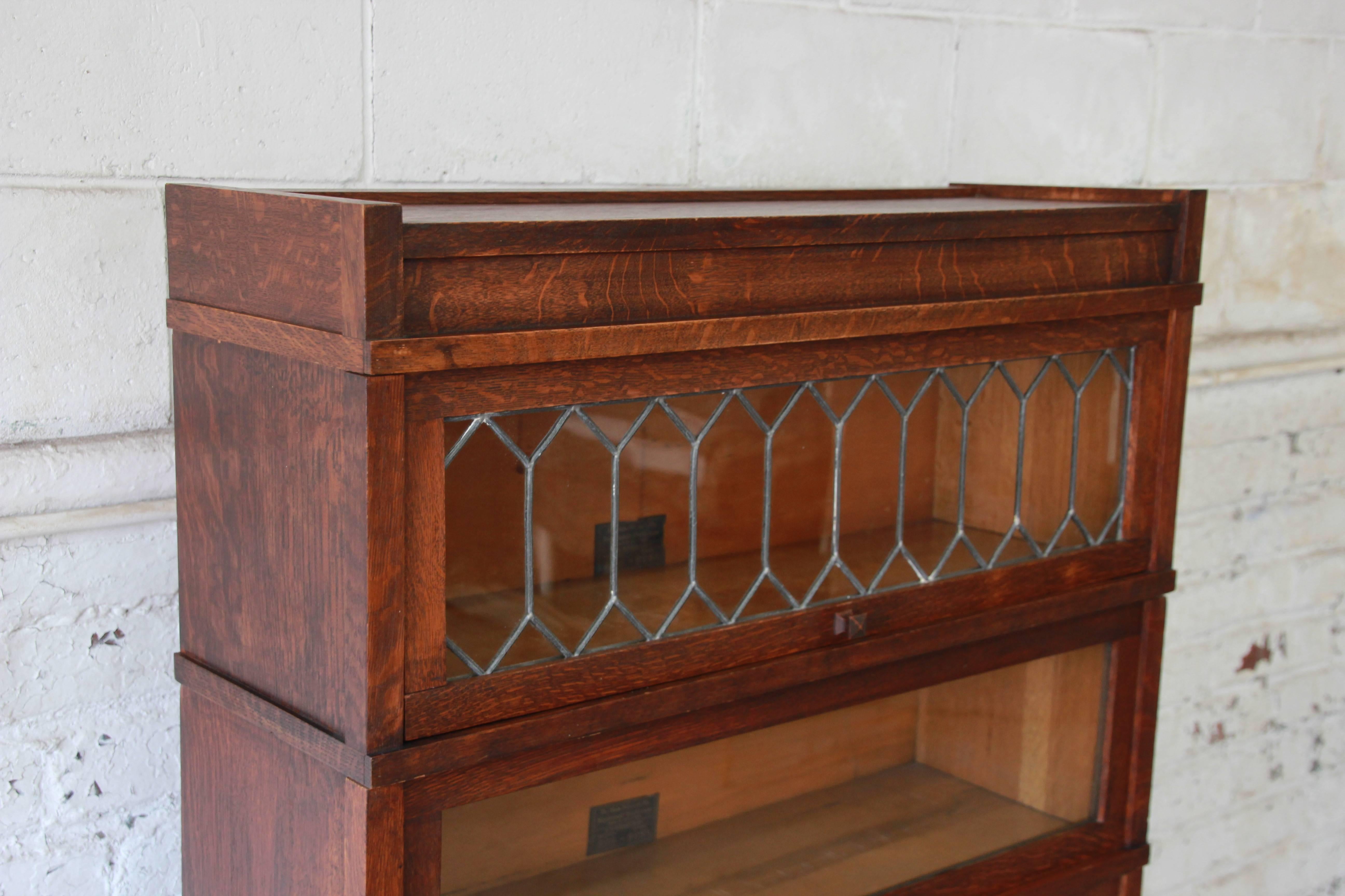 American Antique Oak Barrister Bookcases with Leaded Glass Doors by Globe-Wernicke, Pair