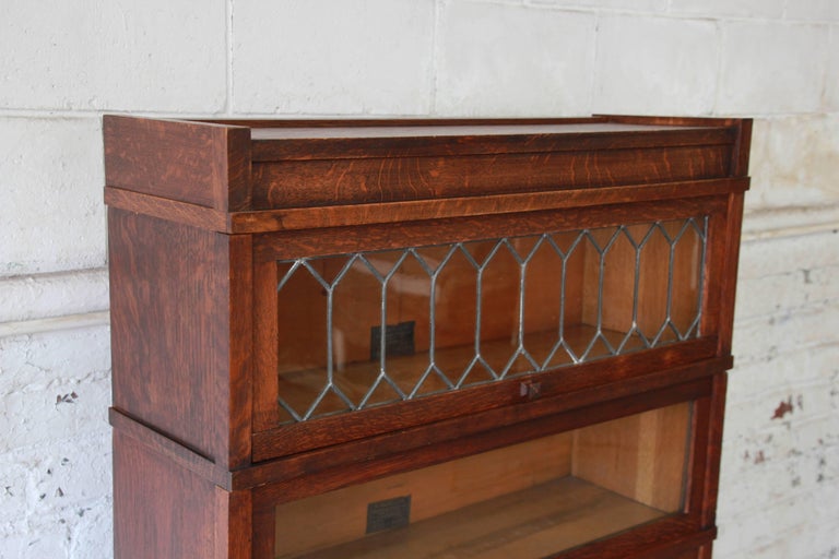 Antique Oak Barrister Bookcases with Leaded Glass Doors by Globe