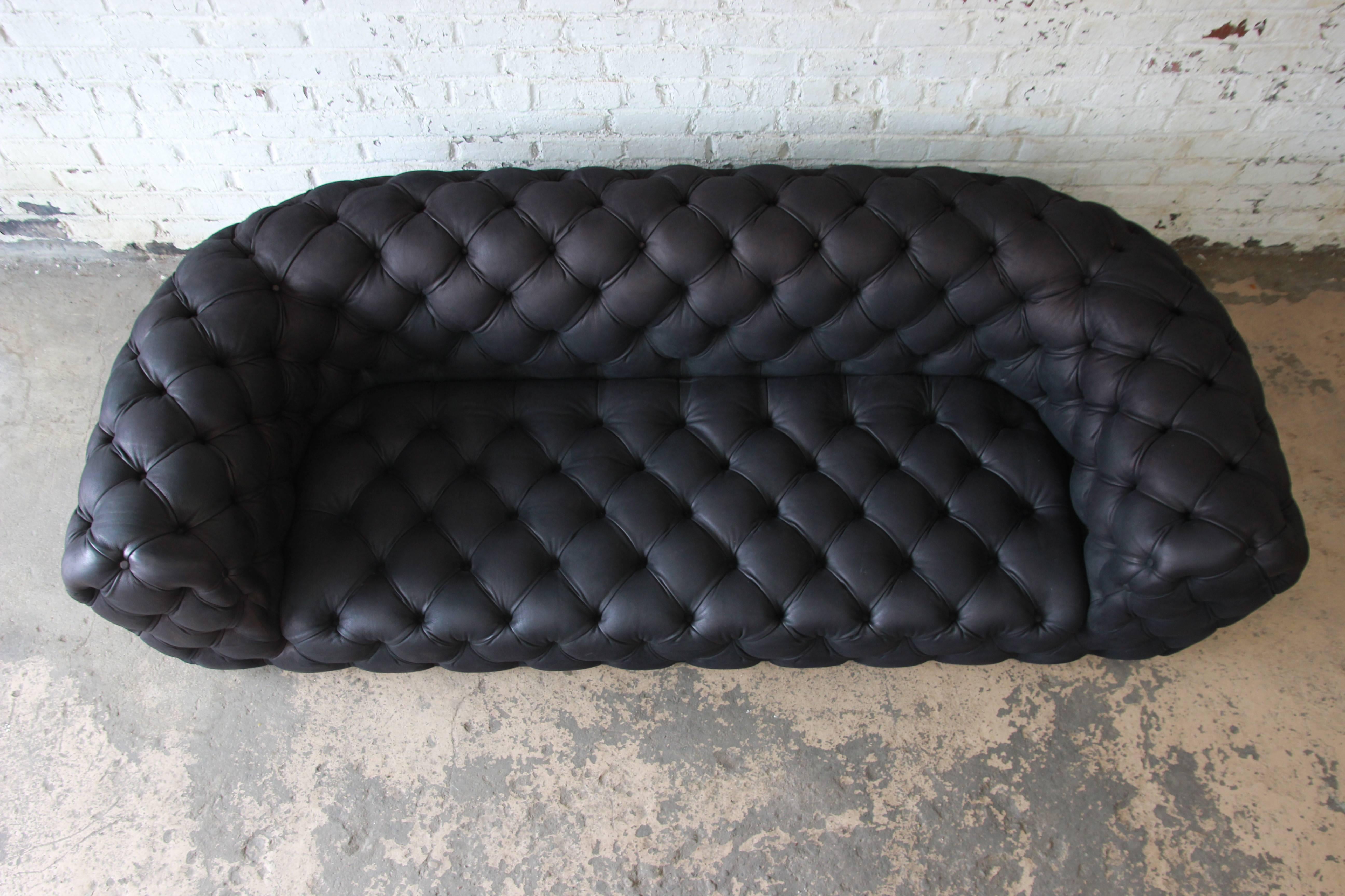 Modern Italian Tufted Black Leather Chester Moon Sofa by Paola Navone for Baxter