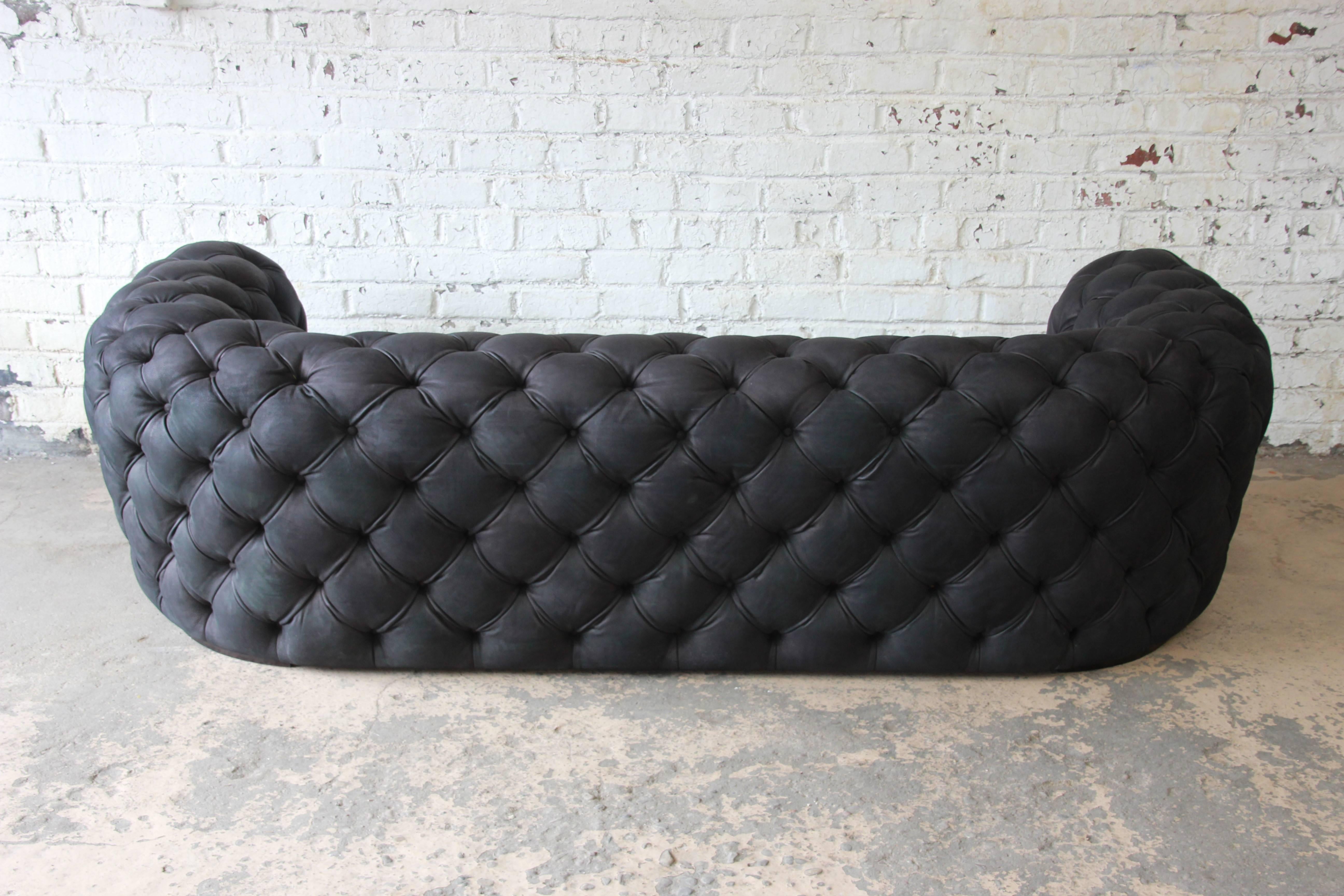 Italian Tufted Black Leather Chester Moon Sofa by Paola Navone for Baxter In Excellent Condition In South Bend, IN