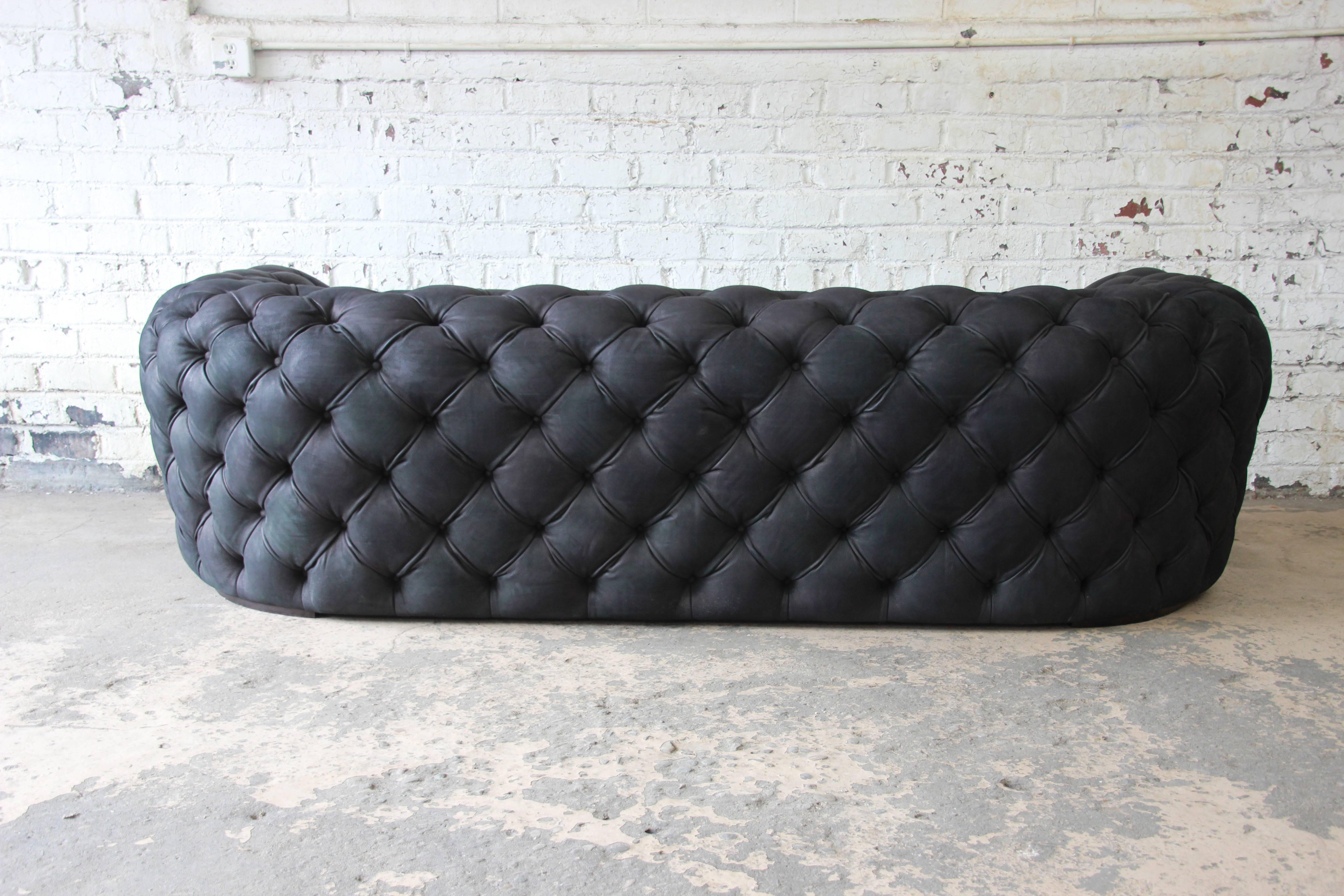 Contemporary Italian Tufted Black Leather Chester Moon Sofa by Paola Navone for Baxter