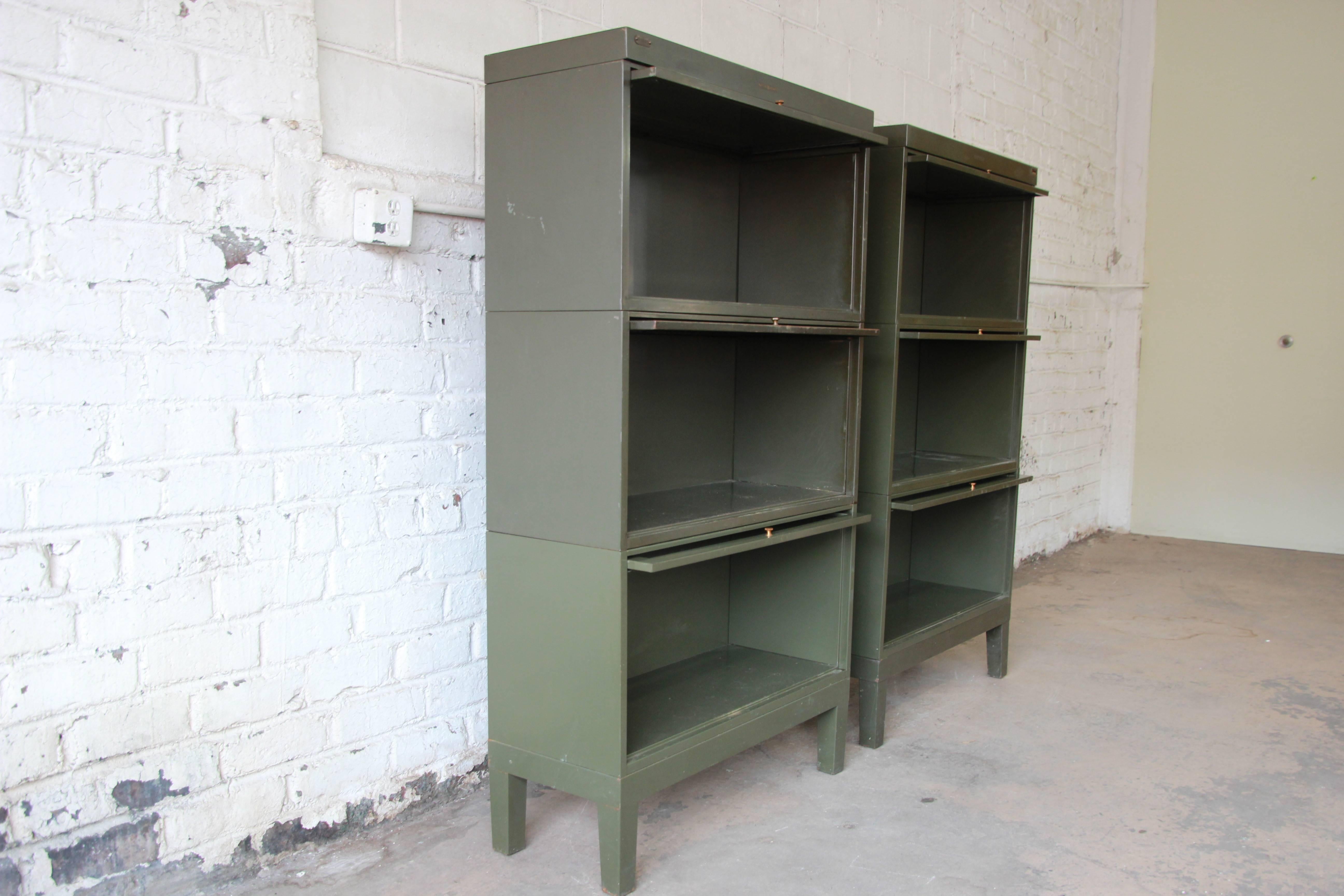 Industrial Antique Metal Barrister Bookcases by Shaw Walker, Pair