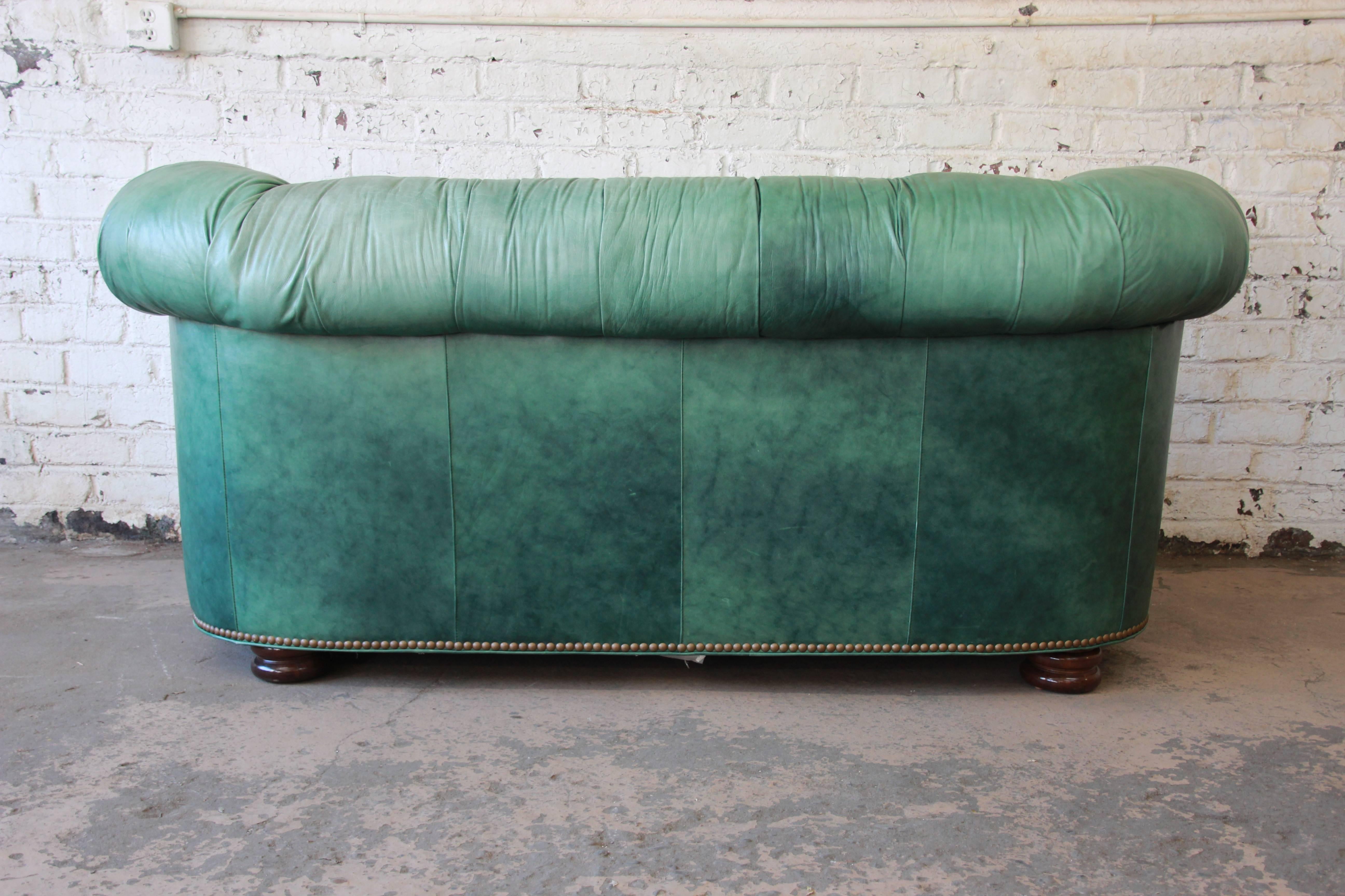Vintage Teal Tufted Leather Chesterfield Sofa by Hancock & Moore In Good Condition In South Bend, IN