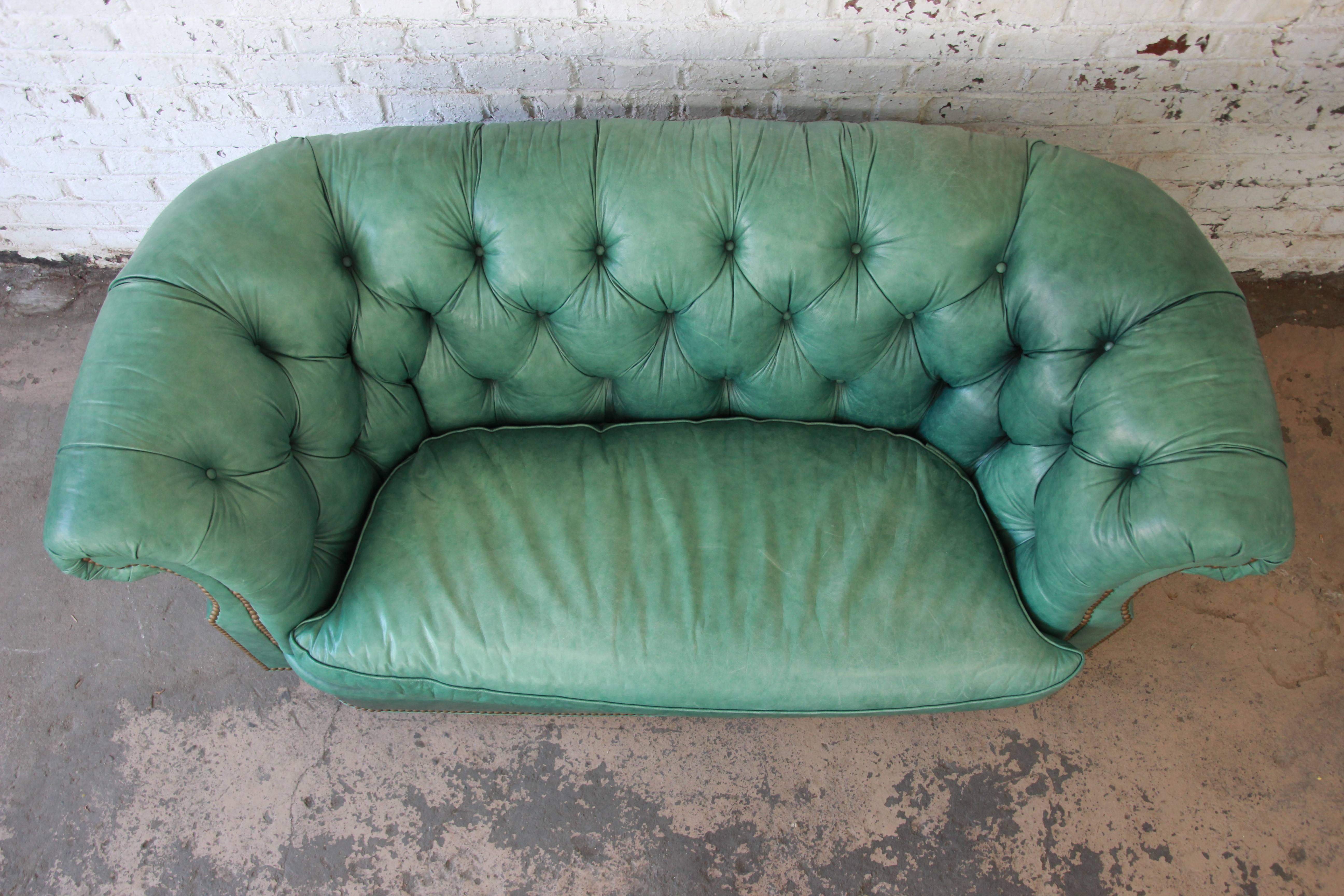 American Vintage Teal Tufted Leather Chesterfield Sofa by Hancock & Moore