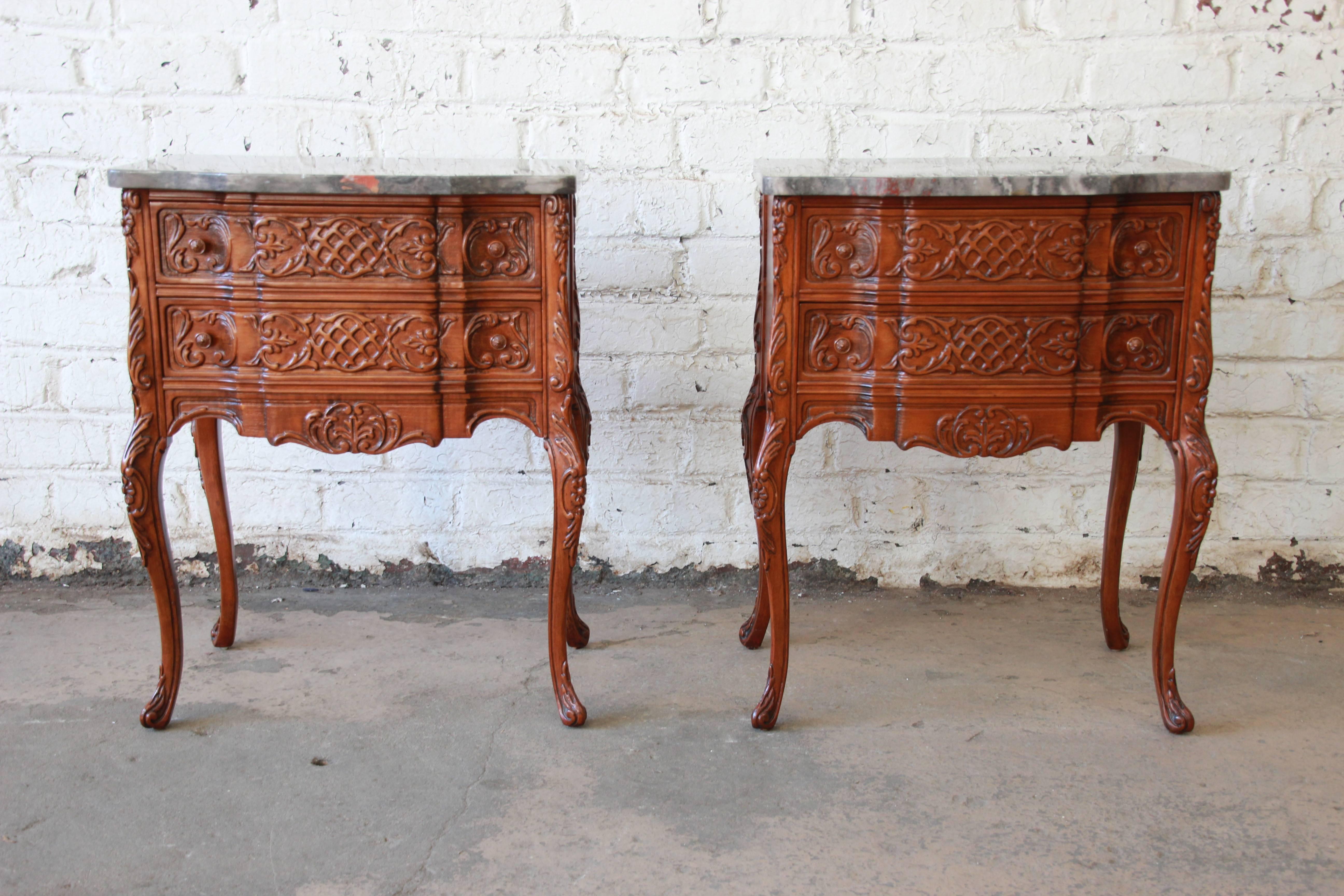 Pair of Carved French Louis XV Style Marble Top Nightstands, circa 1920 In Excellent Condition In South Bend, IN