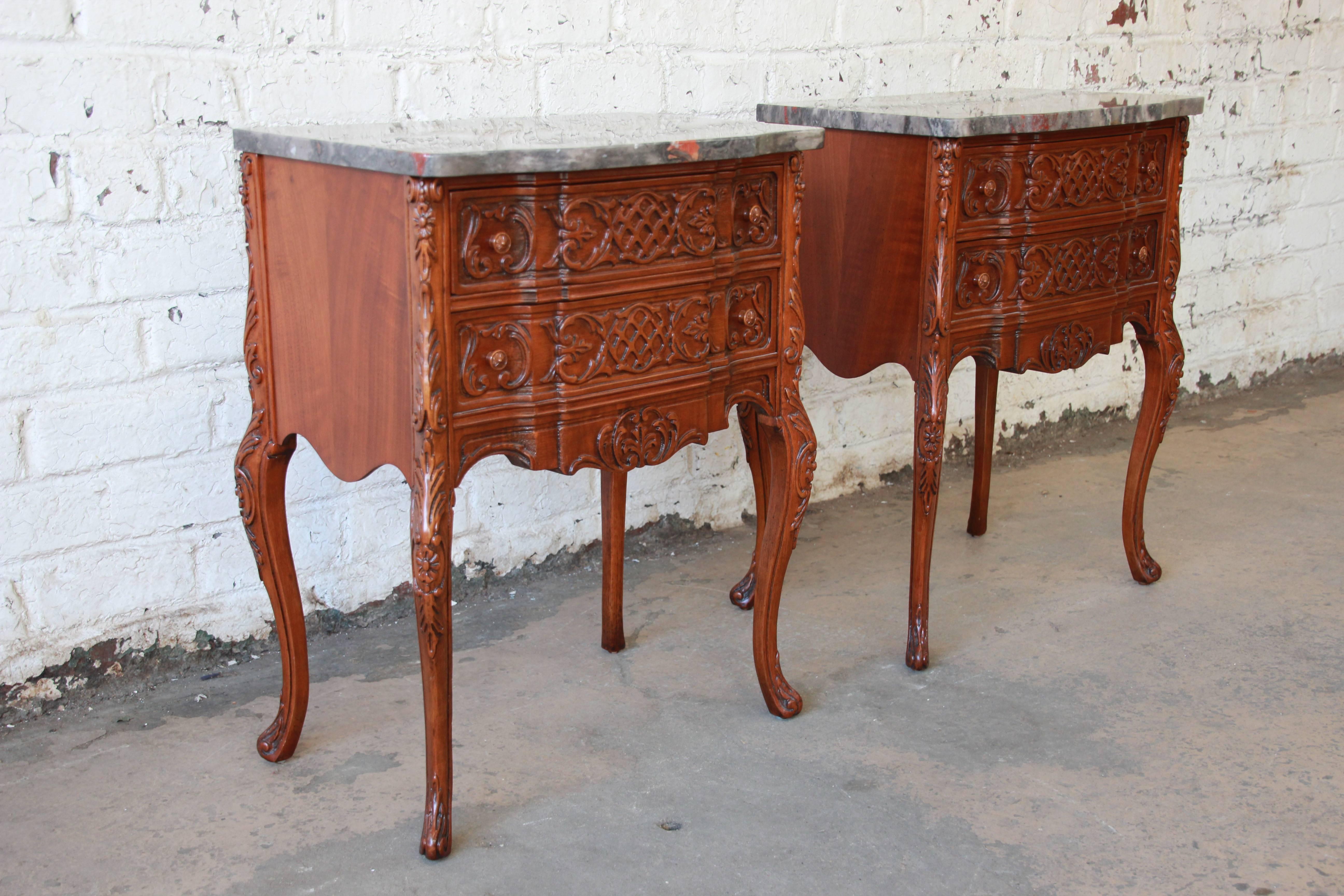 20th Century Pair of Carved French Louis XV Style Marble Top Nightstands, circa 1920