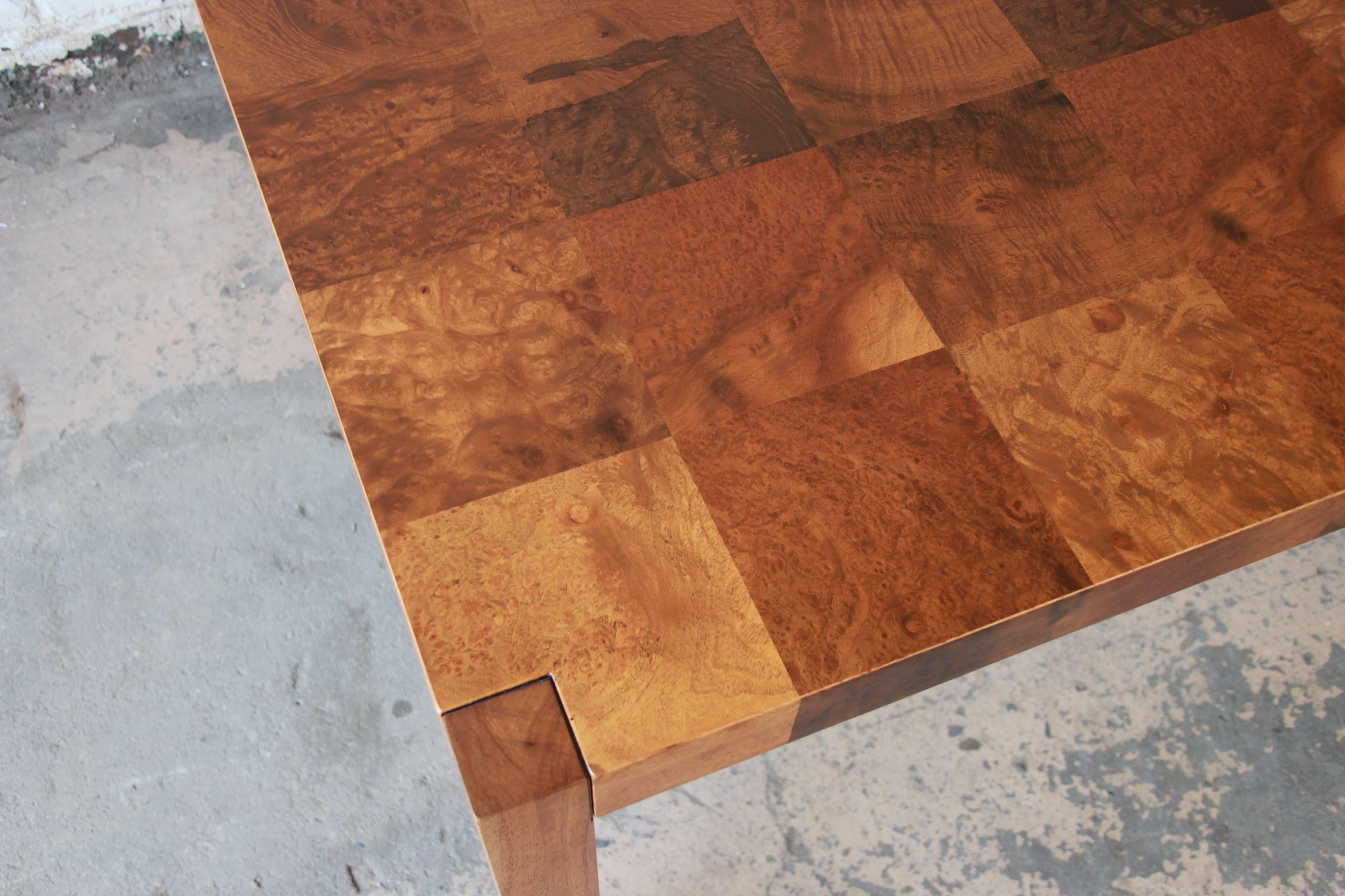 Milo Baughman Patchwork Burl Wood Parsons Extension Dining Table 4
