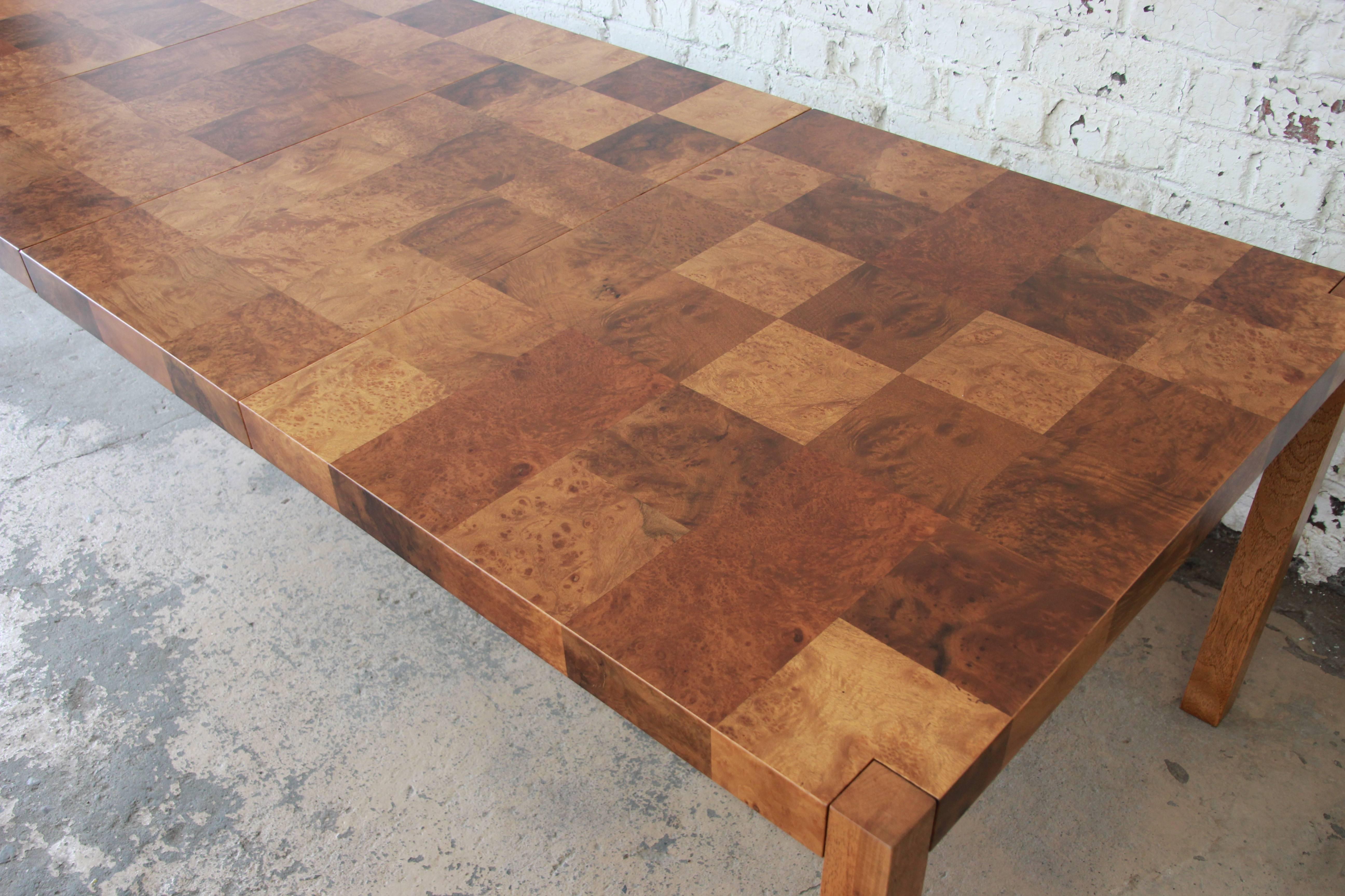 Milo Baughman Patchwork Burl Wood Parsons Extension Dining Table In Excellent Condition In South Bend, IN
