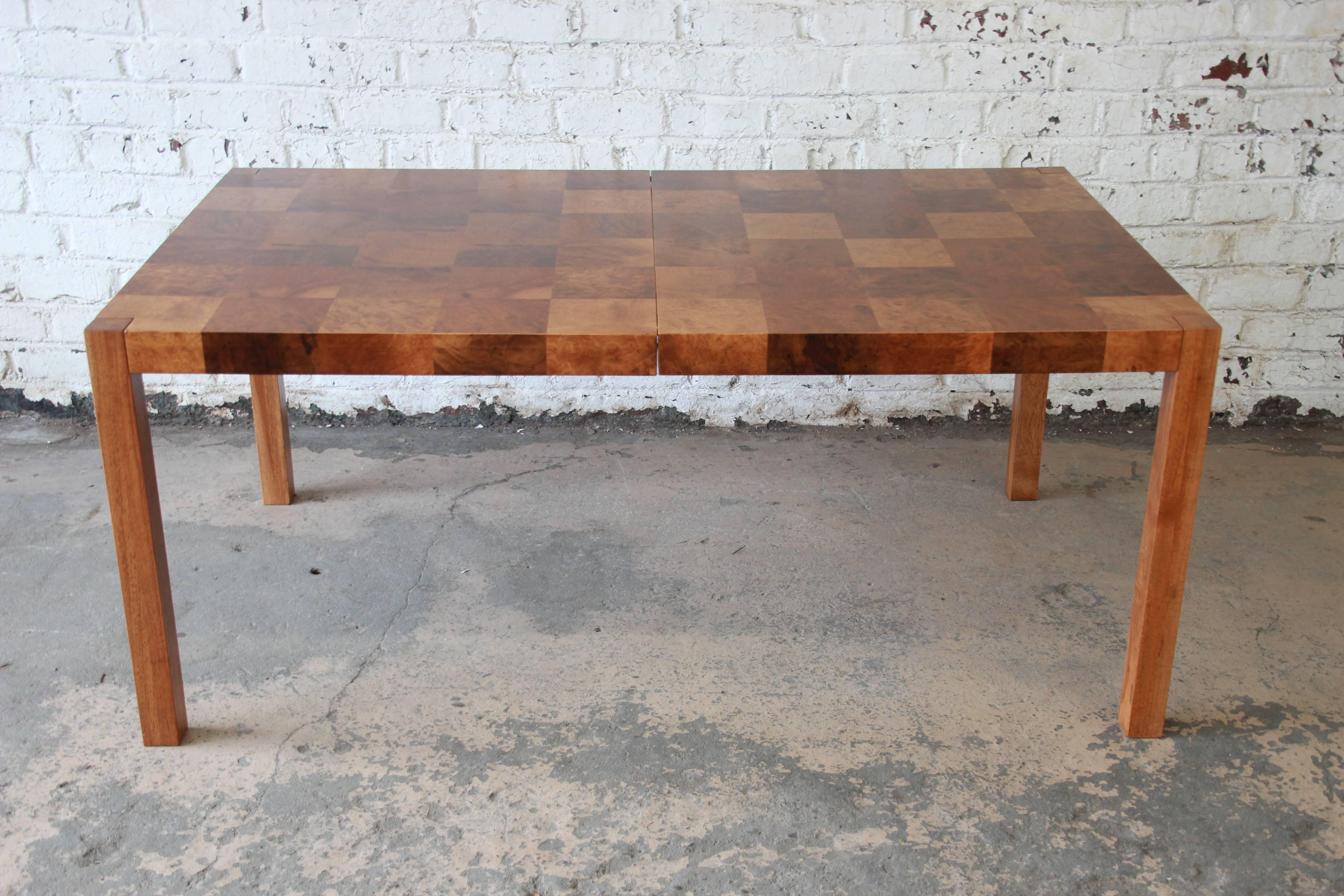 Late 20th Century Milo Baughman Patchwork Burl Wood Parsons Extension Dining Table