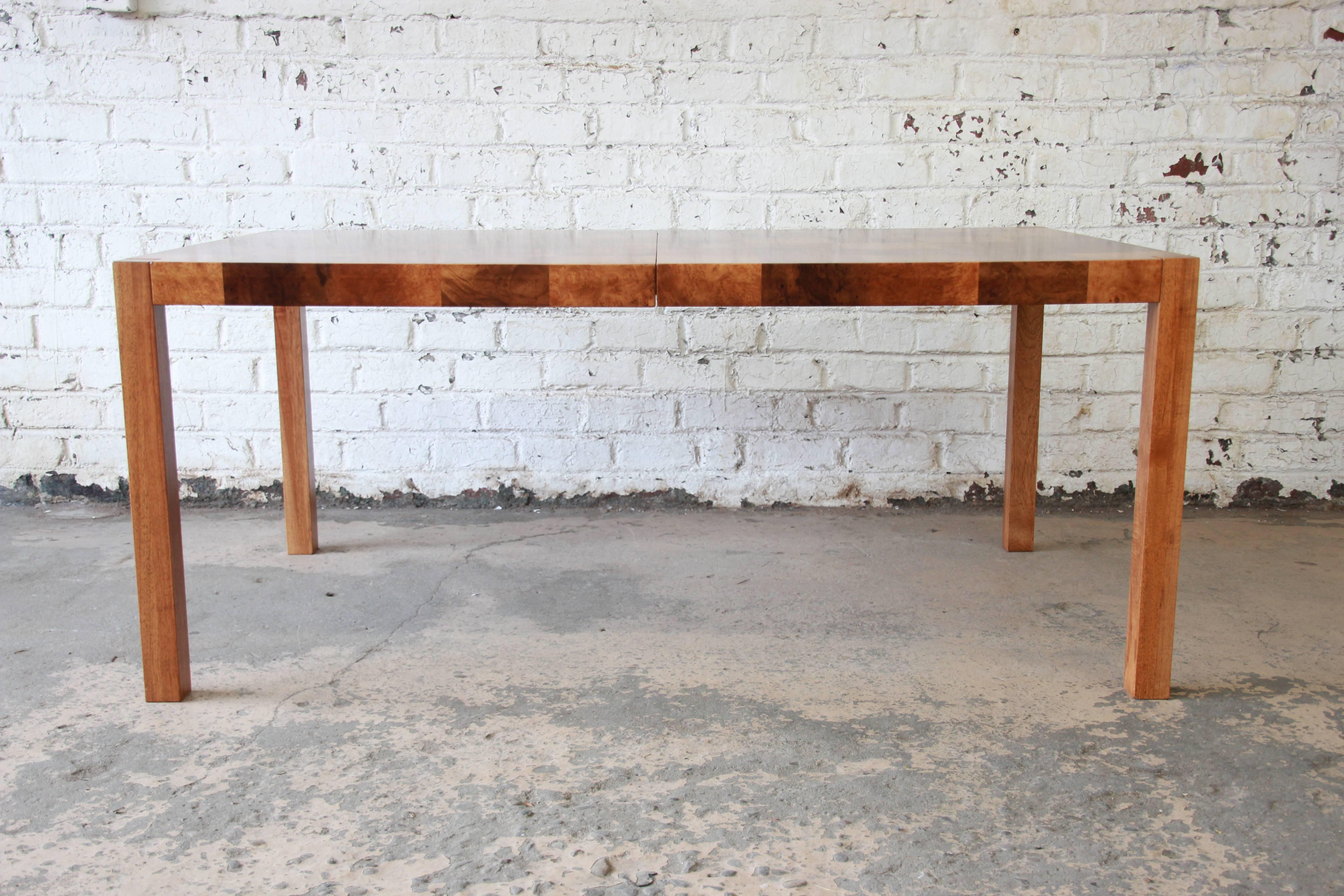 Milo Baughman Patchwork Burl Wood Parsons Extension Dining Table 1