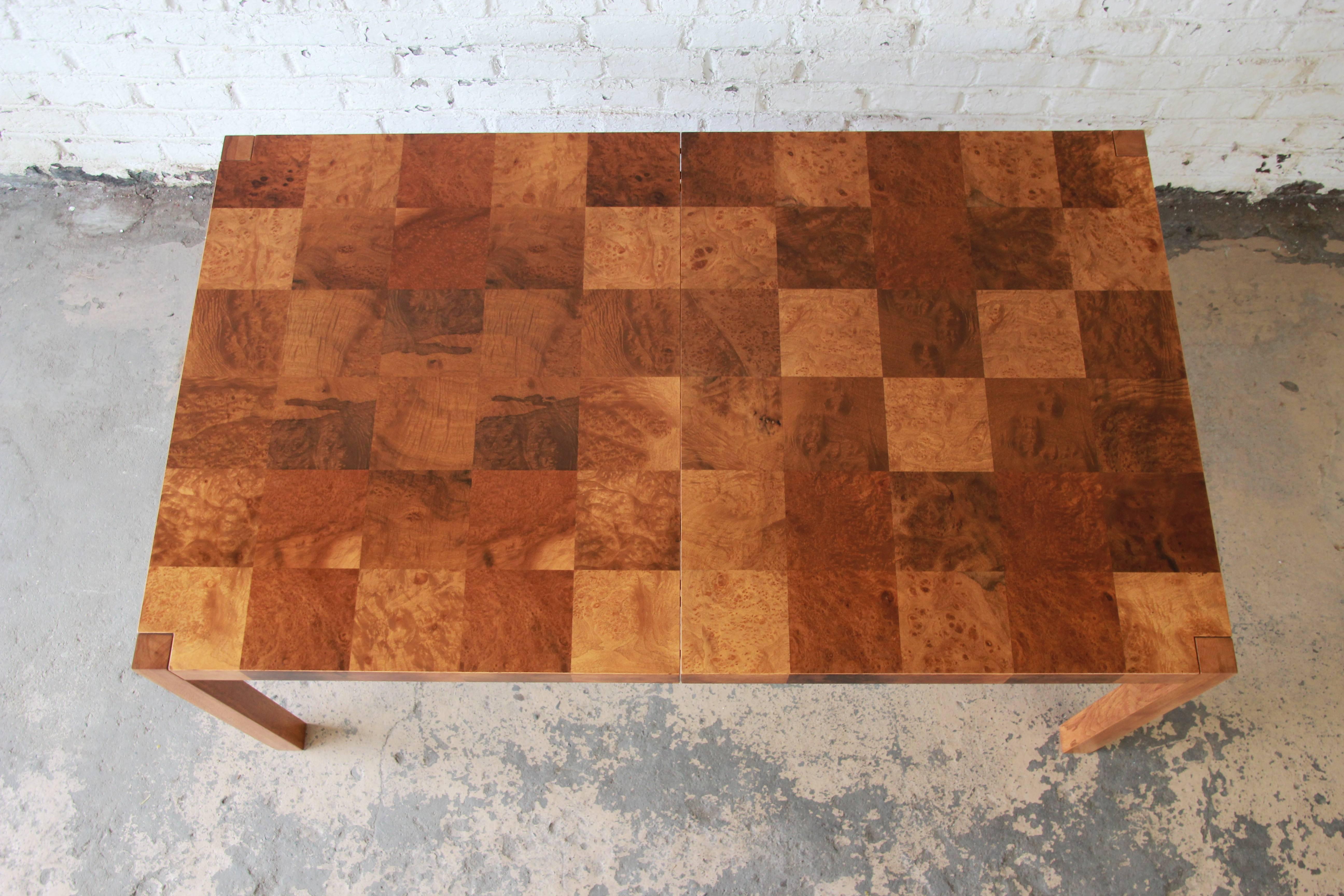 Milo Baughman Patchwork Burl Wood Parsons Extension Dining Table 3