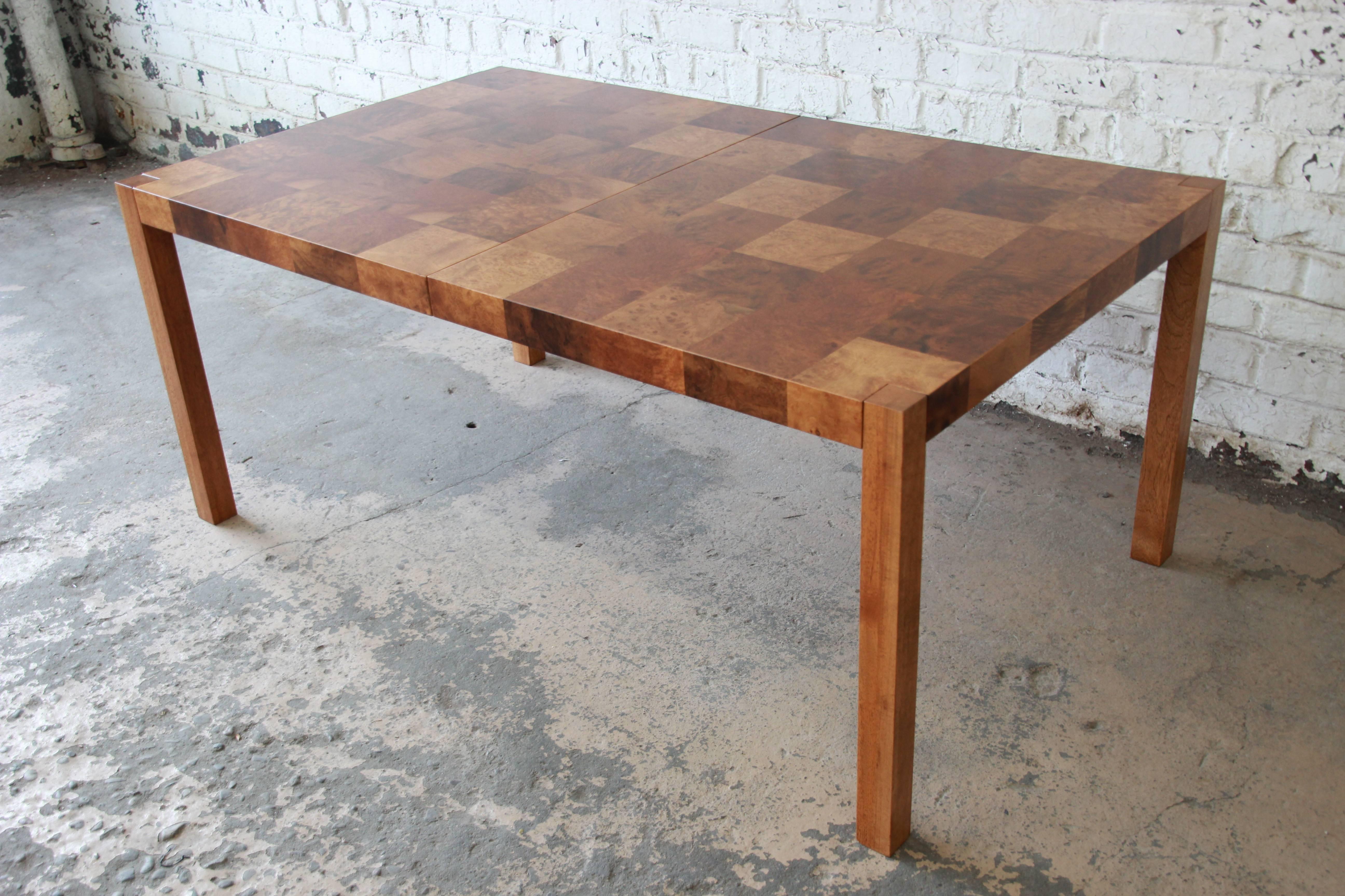 Milo Baughman Patchwork Burl Wood Parsons Extension Dining Table 2