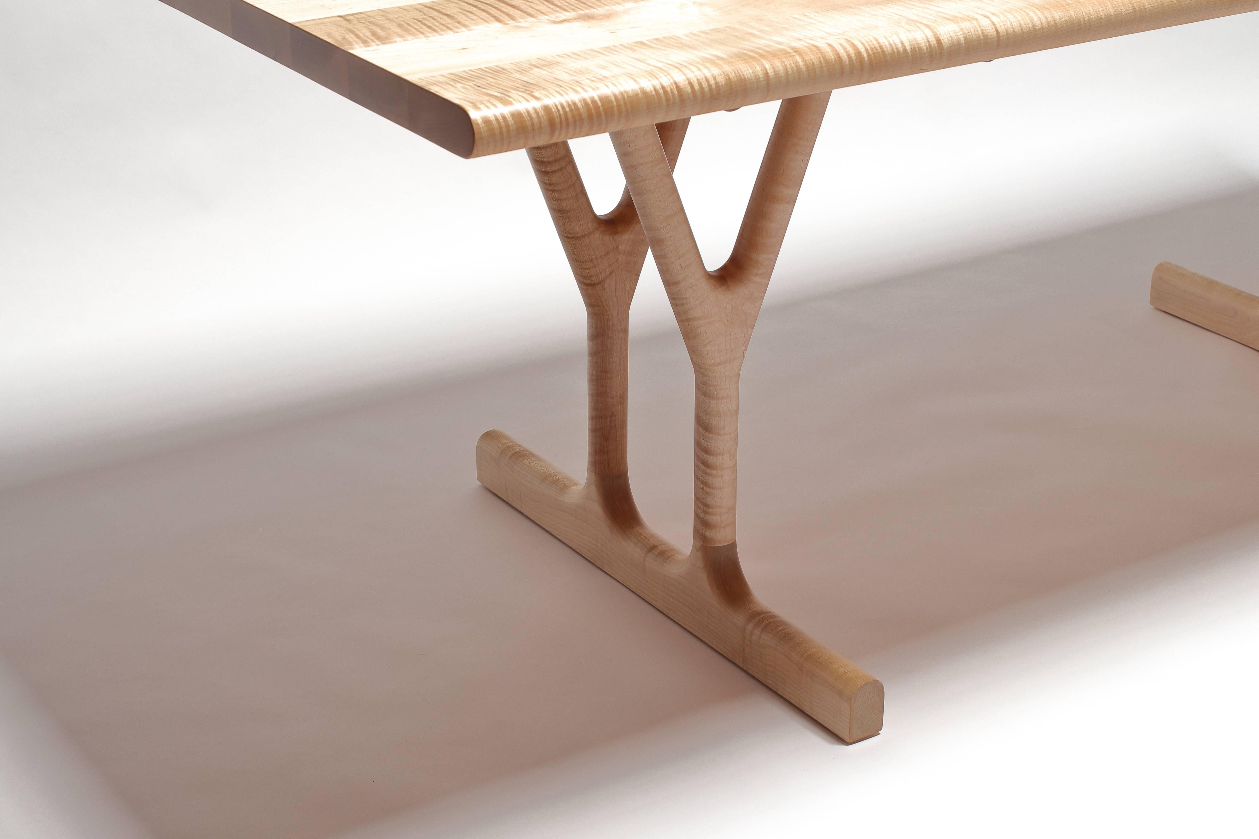 Modern Slingshot Dining Table with Trestle Legs in Solid Maple For Sale