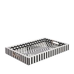 Aelfie Modern Striped Geometric Black and White Bone Inlay Tray