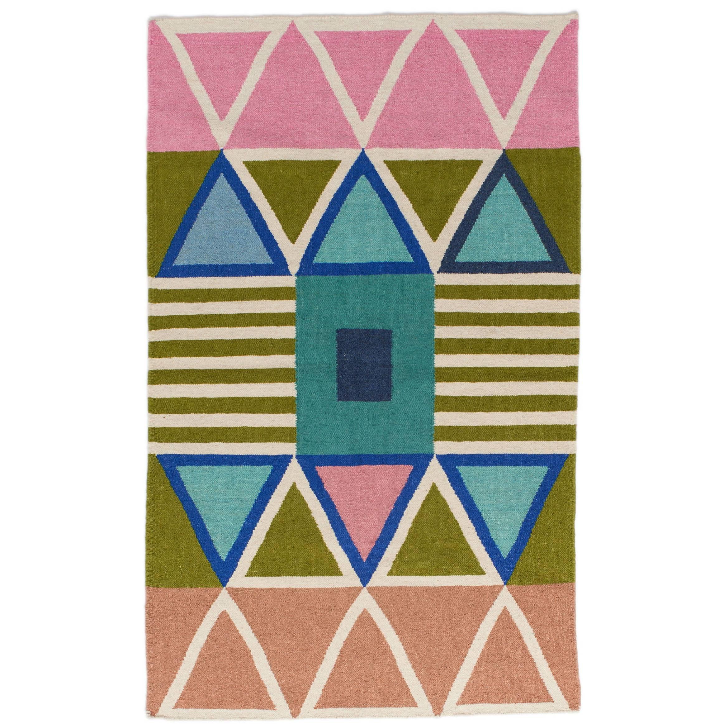 Bright Modern Dhurrie Handwoven Geometric Colorful Pink Blue Rug For Sale