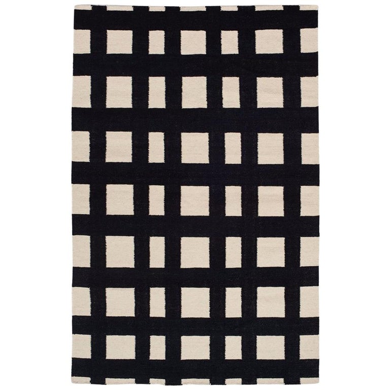 Flatwoven Modern Black and White Plaid Stripe Check Dhurrie Rug For