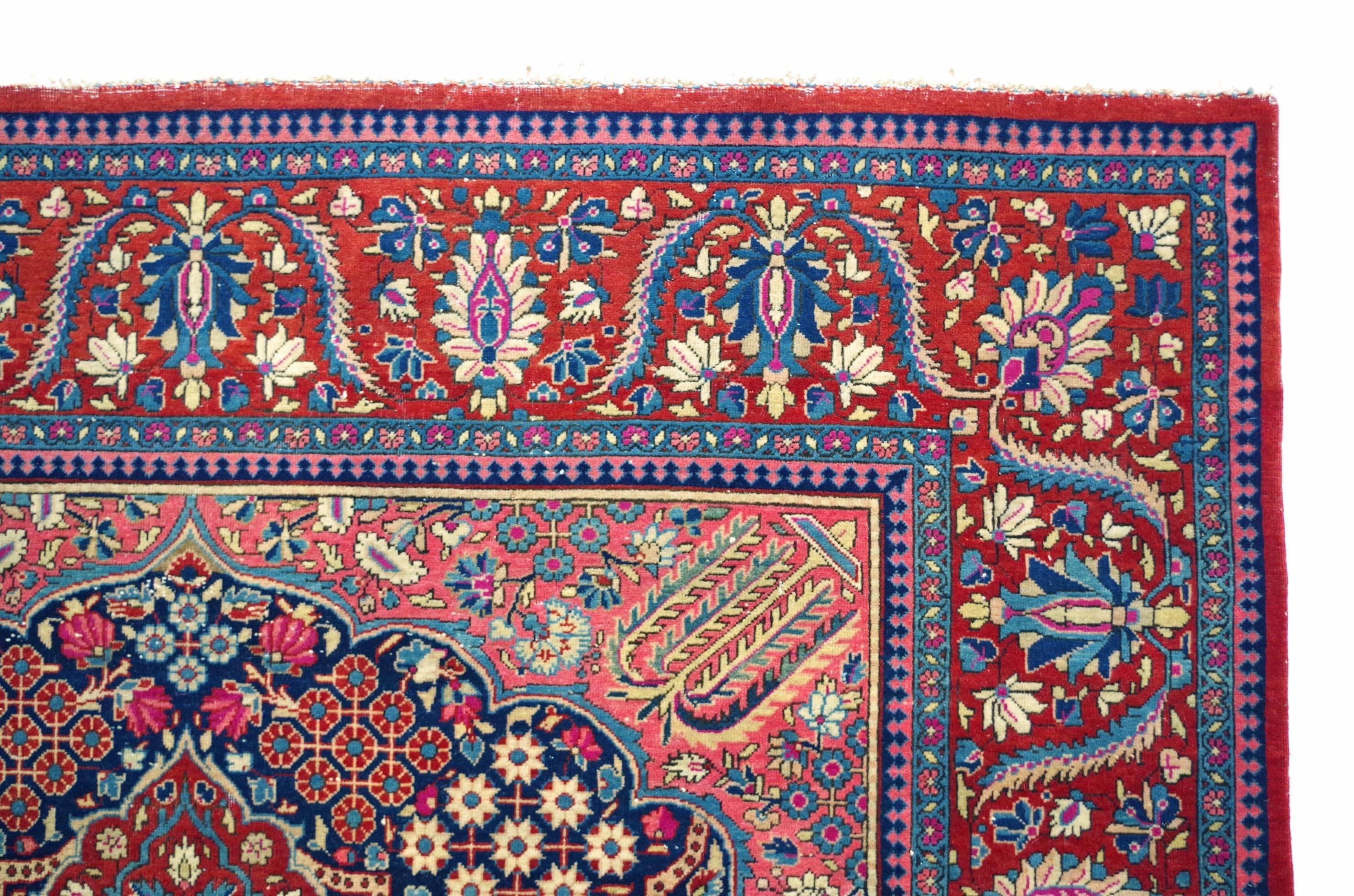 Woven with fine Kirk wool, containing an unusual purple dye. A classic fine-quality turn of the century Kashan. Kashan, Central Persia, circa 1900. Cotton warp and weft, woollen pile. Very good condition, no repairs.