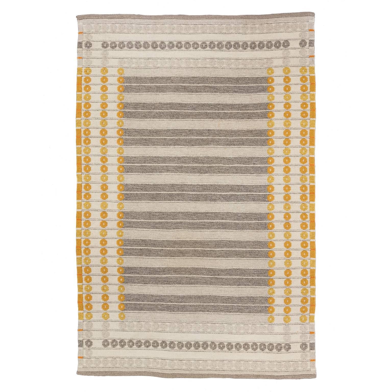 Sunny and inviting vintage double sided Swedish Kelim rug by Ingrid Dessau designed for Kasthall. Signed ID. Like many exquisite vintage Swedish kilims, this beautiful vintage rug is designed to use minimal colors and forms to create a more abstract