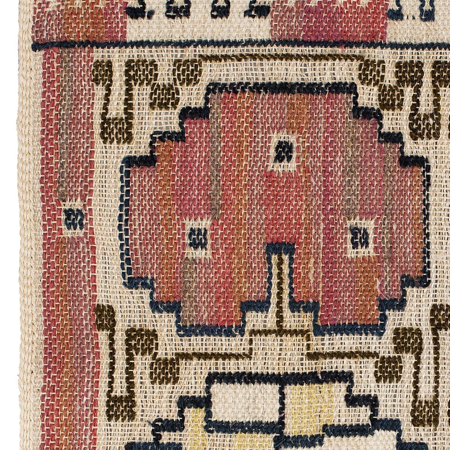 Always modern. Tapestry (wool inlay on linen). Design: Marta Maas-Fjetterström in 1933. Handwoven at Marta Maas-Fjetterström AB, Båstad, Sweden.
Maybe its a common misunderstanding. But there are no such plant named Grodblad. (froglegleafs) Instead