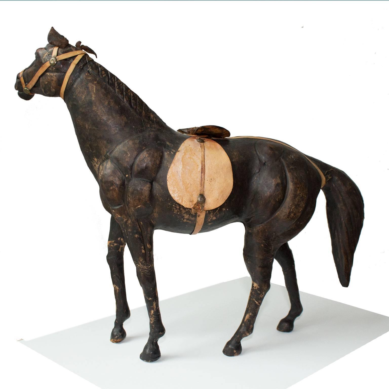 Italian Decorative Handmade Midcentury Leather Horse Model For Sale