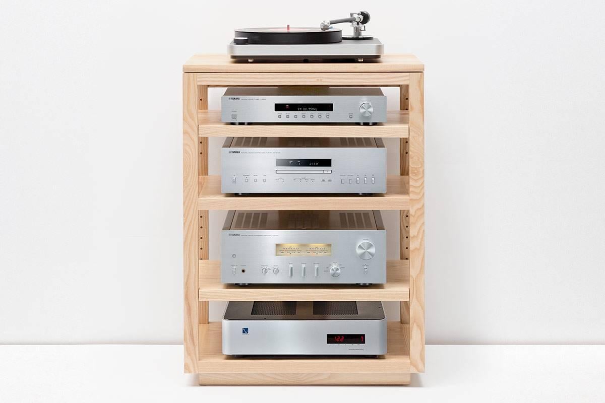 The dovetail audio rack is the perfect pairing to the dovetail vinyl storage cabinet. The audio rack system includes five shelves to display an entire set of audio equipment. Built with a vibration isolated turntable platform, the audio rack will