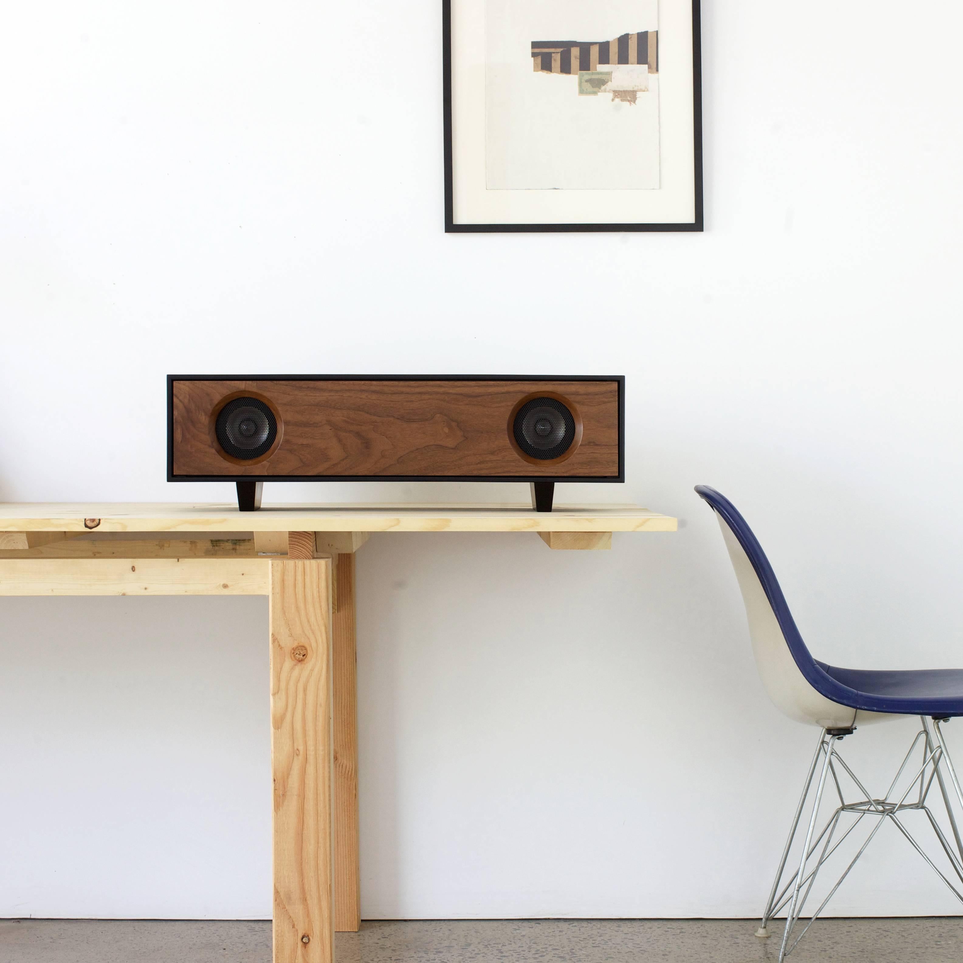 Hand-Crafted Tabletop HiFi Speaker Glacier White Cabinet with Slate Grey Speaker Front