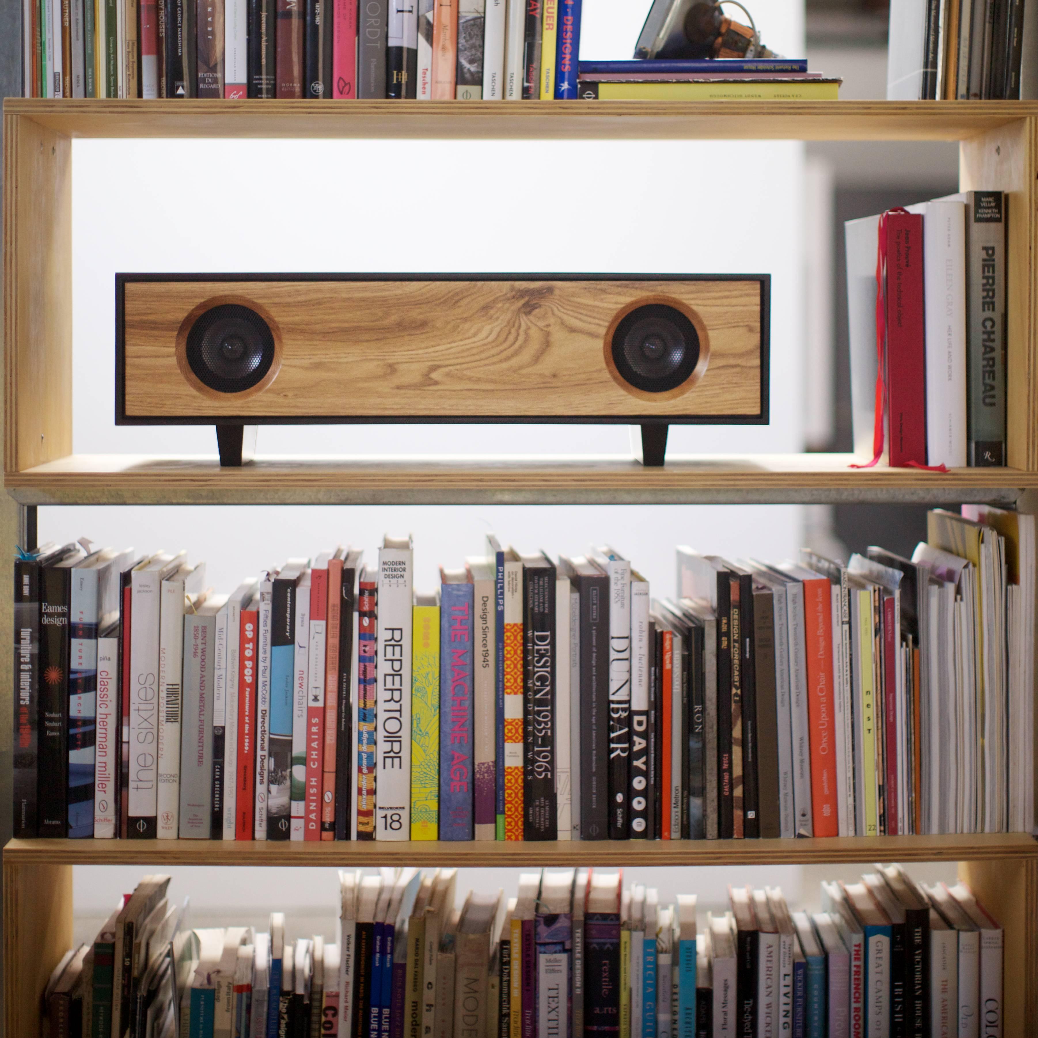 Tabletop HiFi Speaker Natural Walnut Cabinet with Glacier White Speaker Front 8