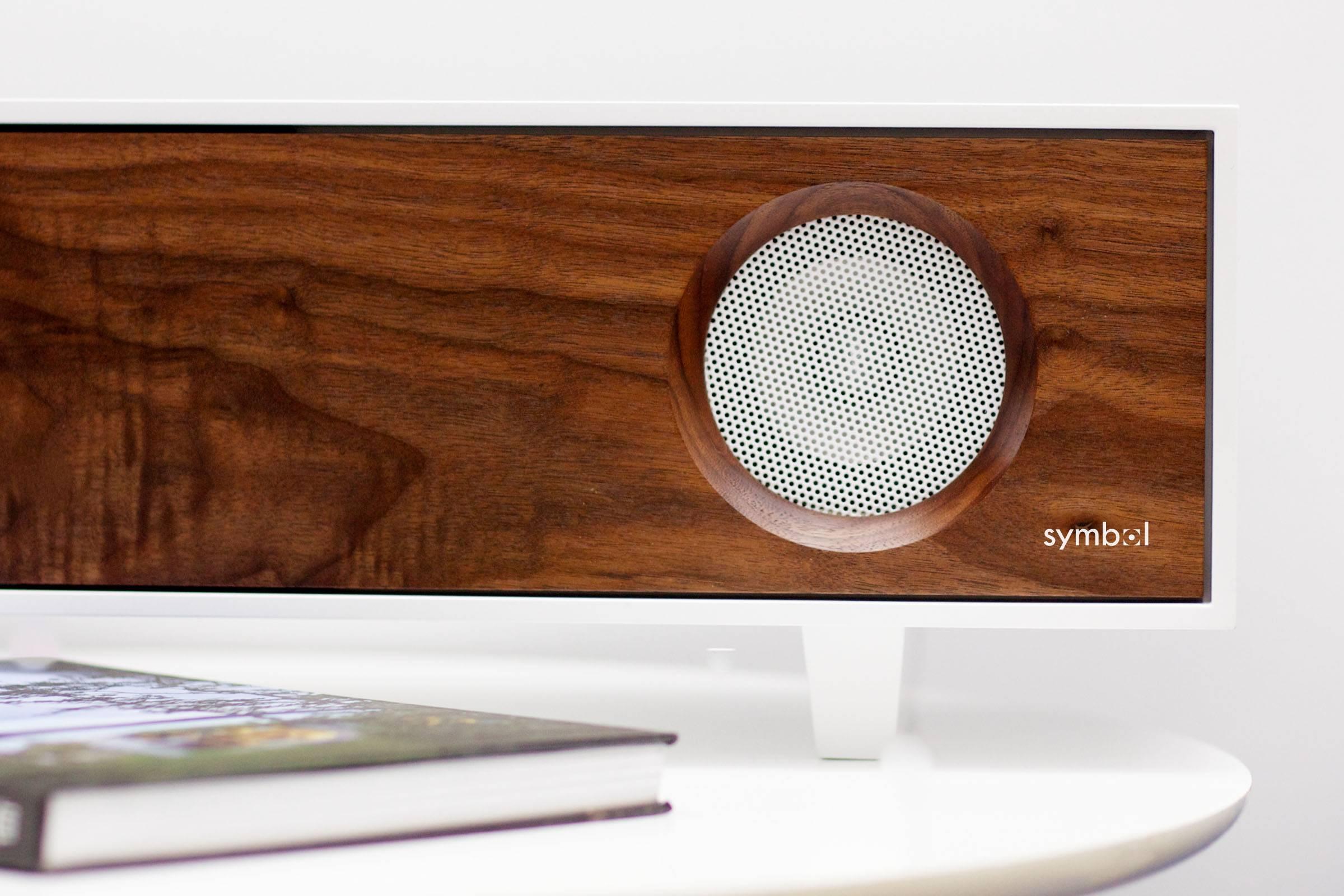 Tabletop HiFi Speaker Natural Walnut Cabinet with Glacier White Speaker Front 9