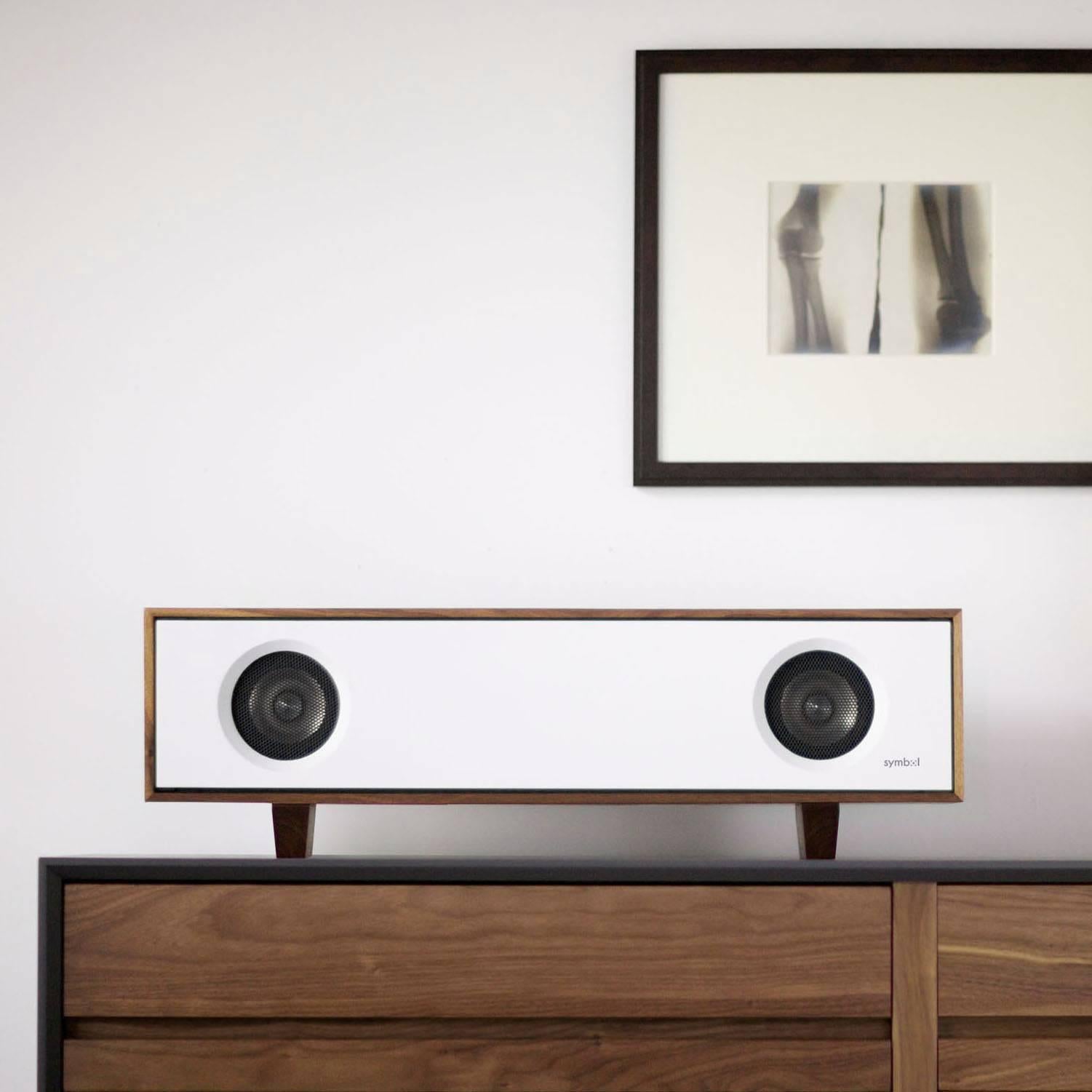 Tabletop HiFi Speaker, Natural Walnut Cabinet with Slate Grey Speaker Front 5