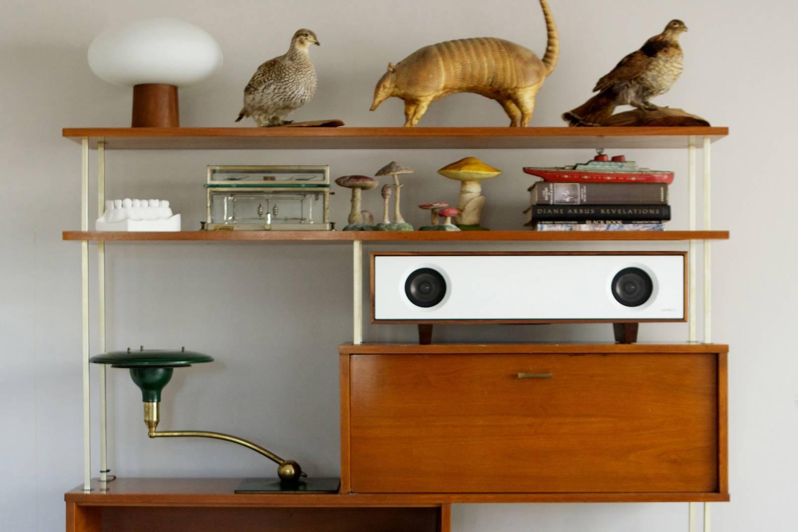 Tabletop HiFi Speaker, Natural Walnut Cabinet with Slate Grey Speaker Front 7