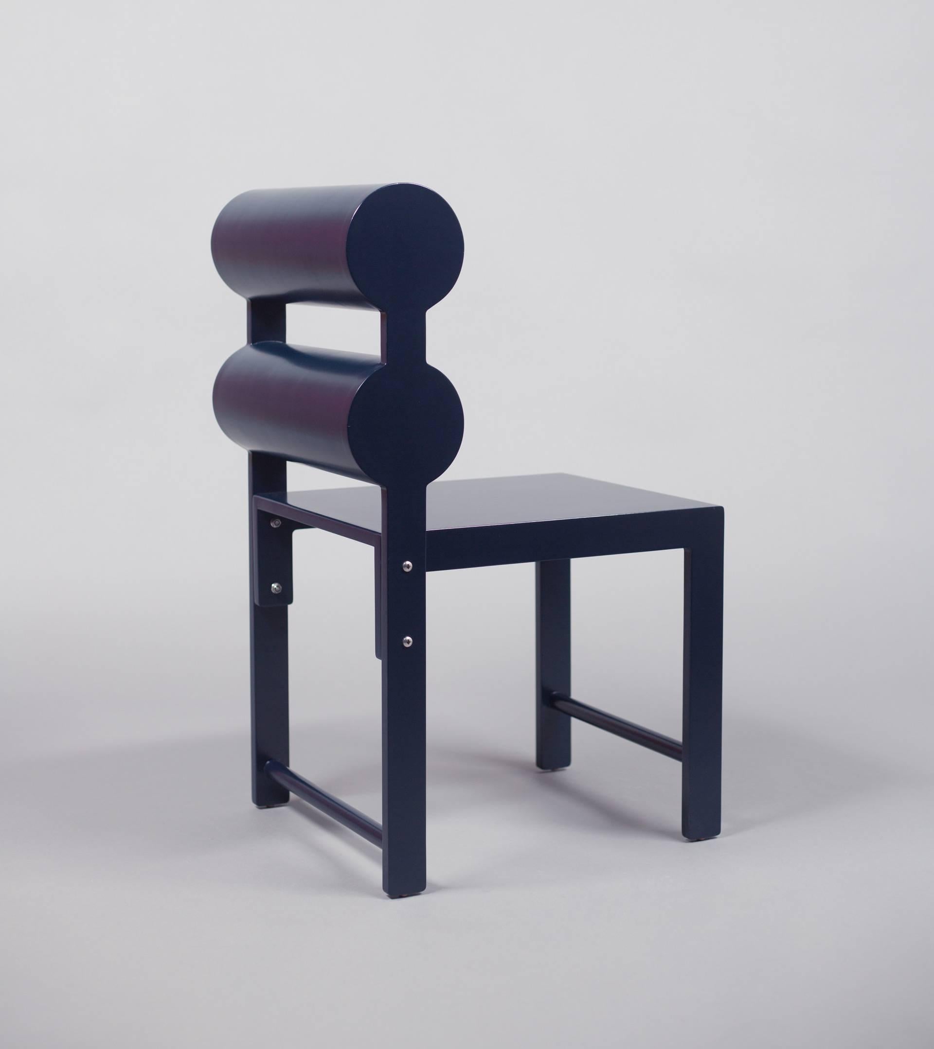 Waka Waka Contemporary Indigo Blue Lacquer Double Cylinder Dining Chair (amerikanisch) im Angebot