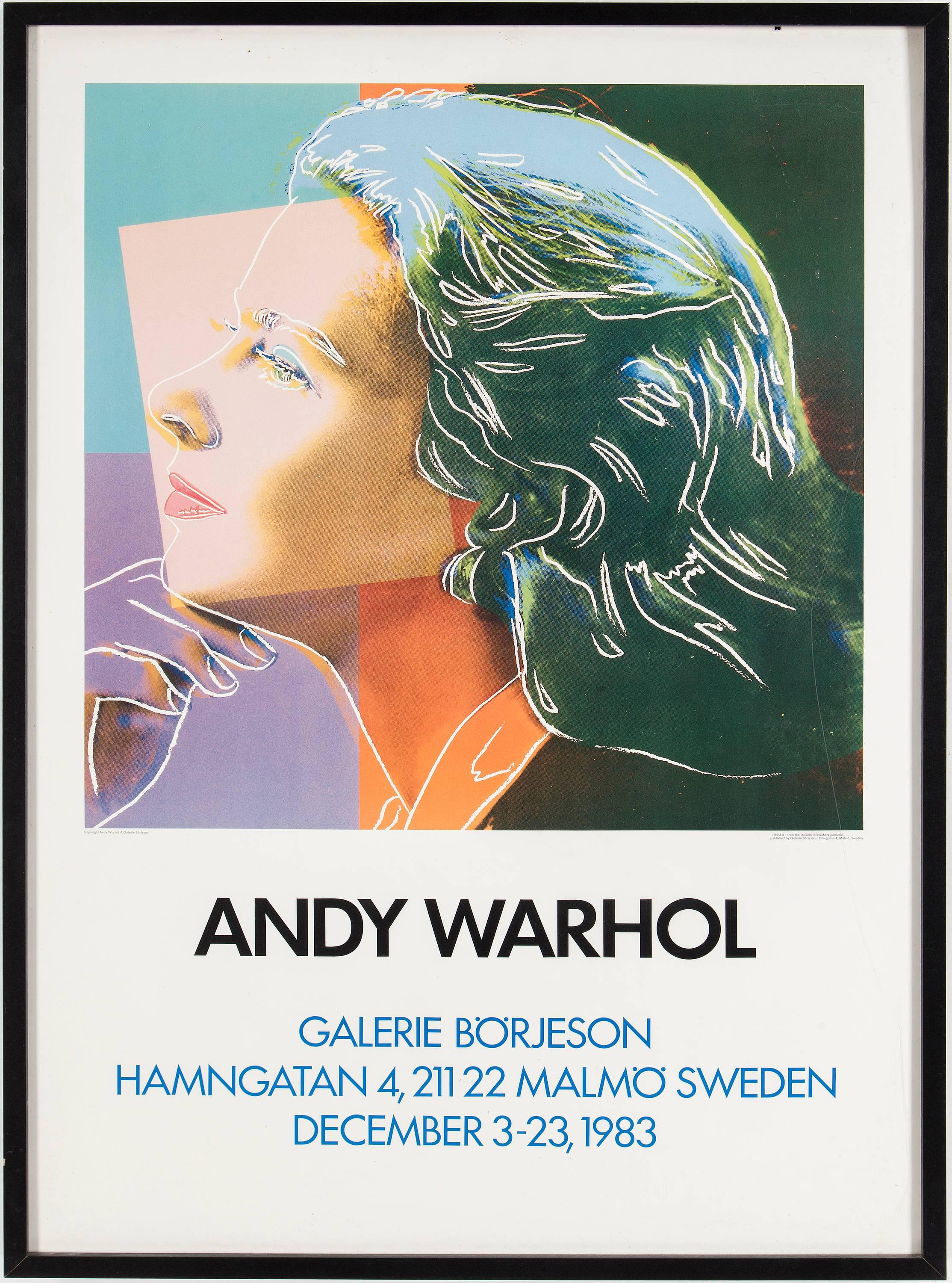 Three images after the Ingrid Bergman series by the artist.  Vintage posters from Andy Warhol's exhibition in Galerie Borjeson in Malmo, Sweden in 1983. 

Offset lithograph printed on heavy edition stock paper. Posters are black framed with UV plexi.