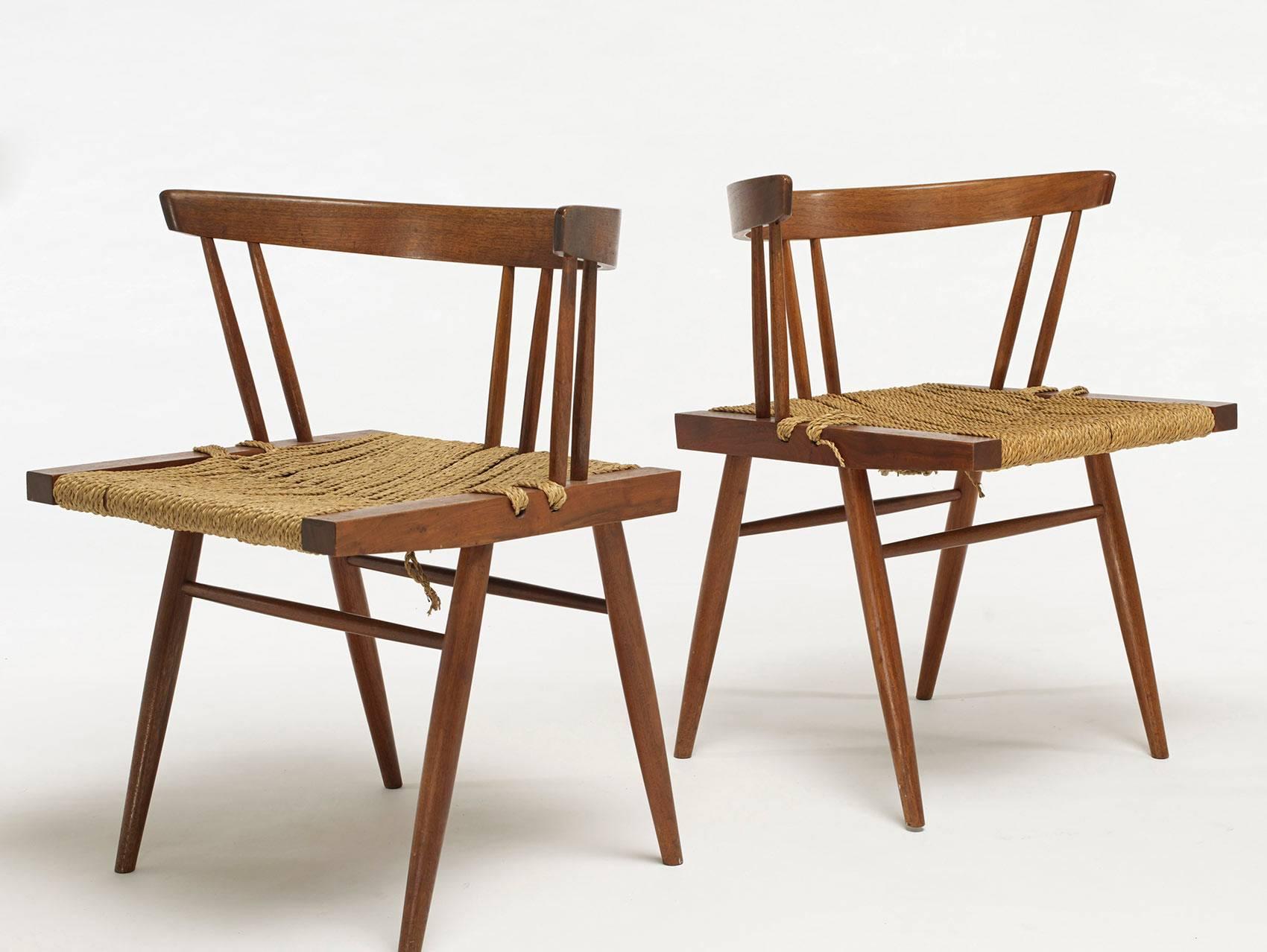 Mid-Century Modern George Nakashima Grass Seat and Walnut Chairs