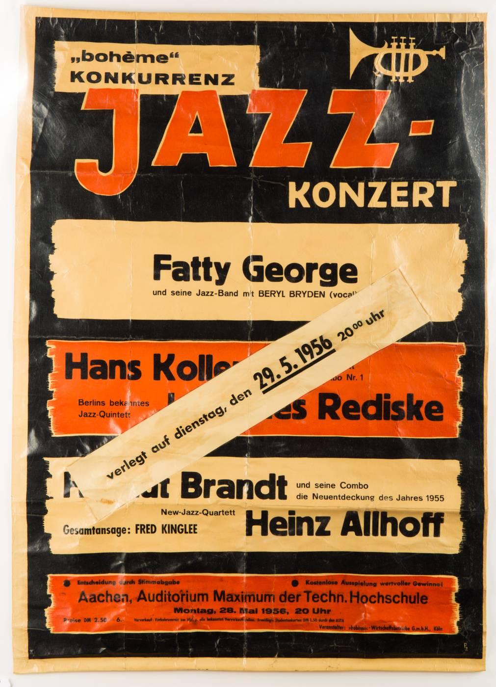 Pair of original modern design posters of Jazz concerts dated in 1956. One of bebop clarinet player Fatty George, and other of Hans Koller and Helmut Brandt.

Posters are laminated, include frame and protective methacrylate.