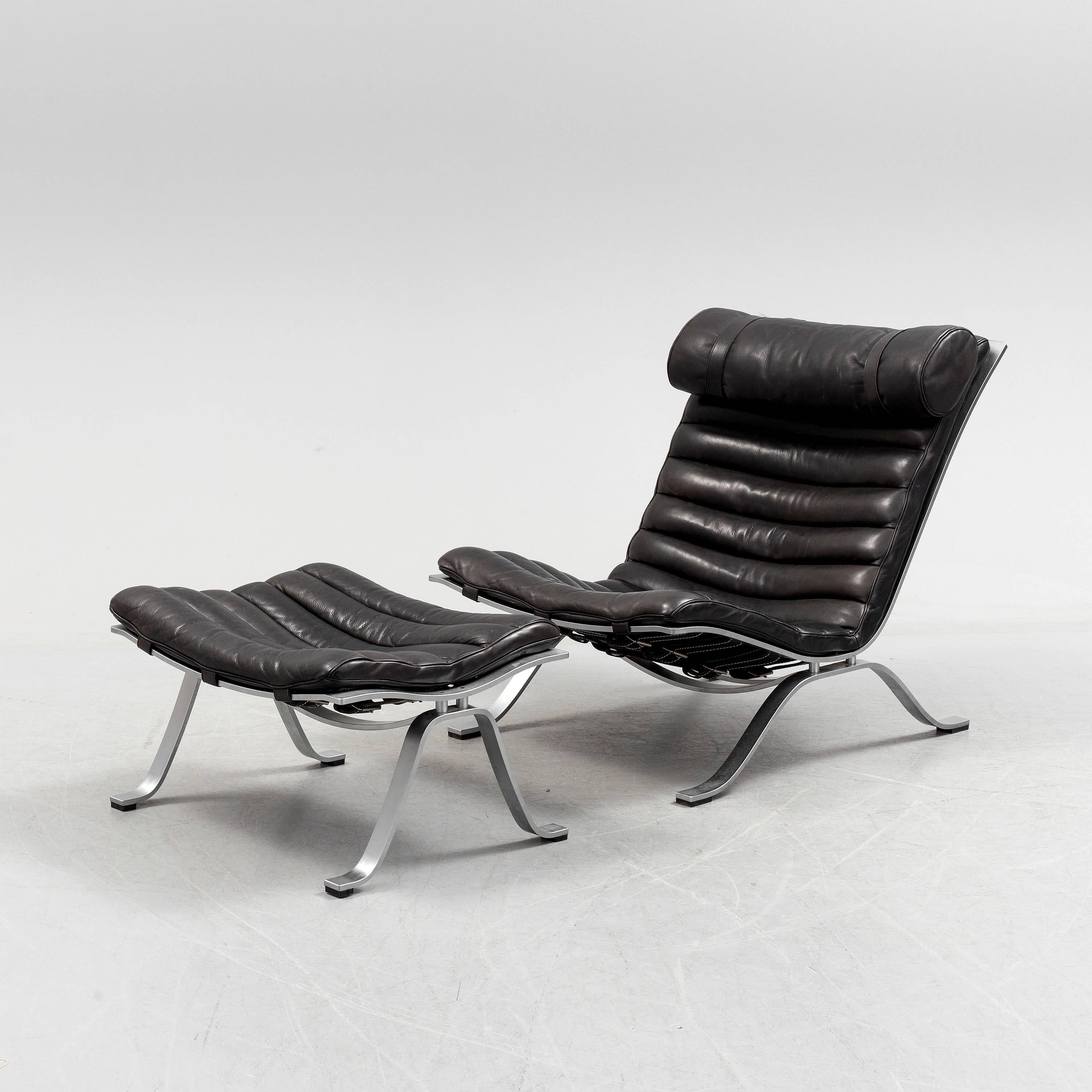 Scandinavian Modern Arne Norell Ari Easy Chair and Ottoman in Black Leather by Norell Mobel, Sweden