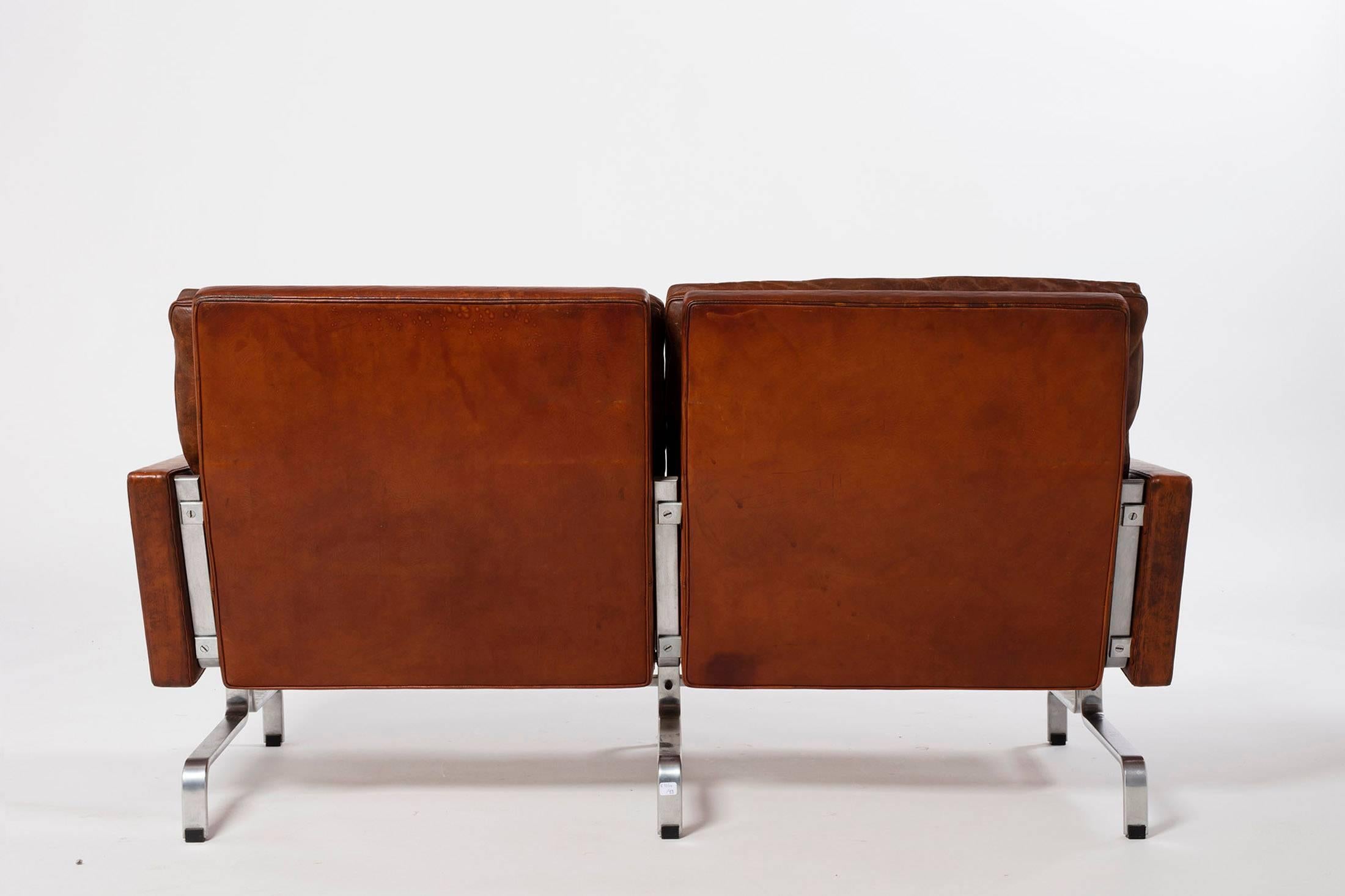 Two-seat PK 31/2 original brown leather sofa designed by Poul Kjærholm for E. Kold Christensen in Denmark in 1960s.