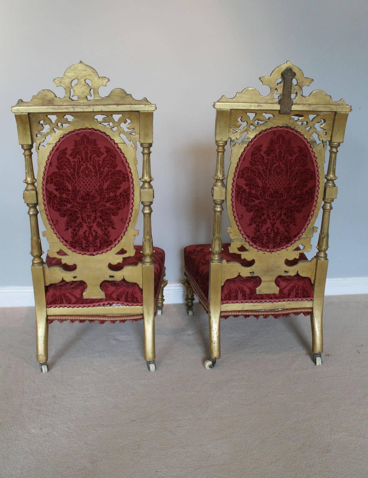 Upholstery 19th Century Pair of Aesthetic Movement Carved Wood and Gilt Chairs For Sale