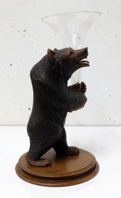 Wooden Carved Bear with Engraved Glass Vase Made in Brienz Switzerland